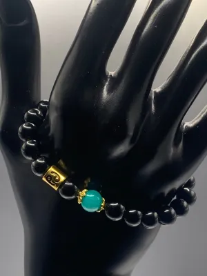 Cancer Zodiac black obsidian with aquamarine chalcedony semi precious stone/crystal elastic beaded bracelet with gold accents