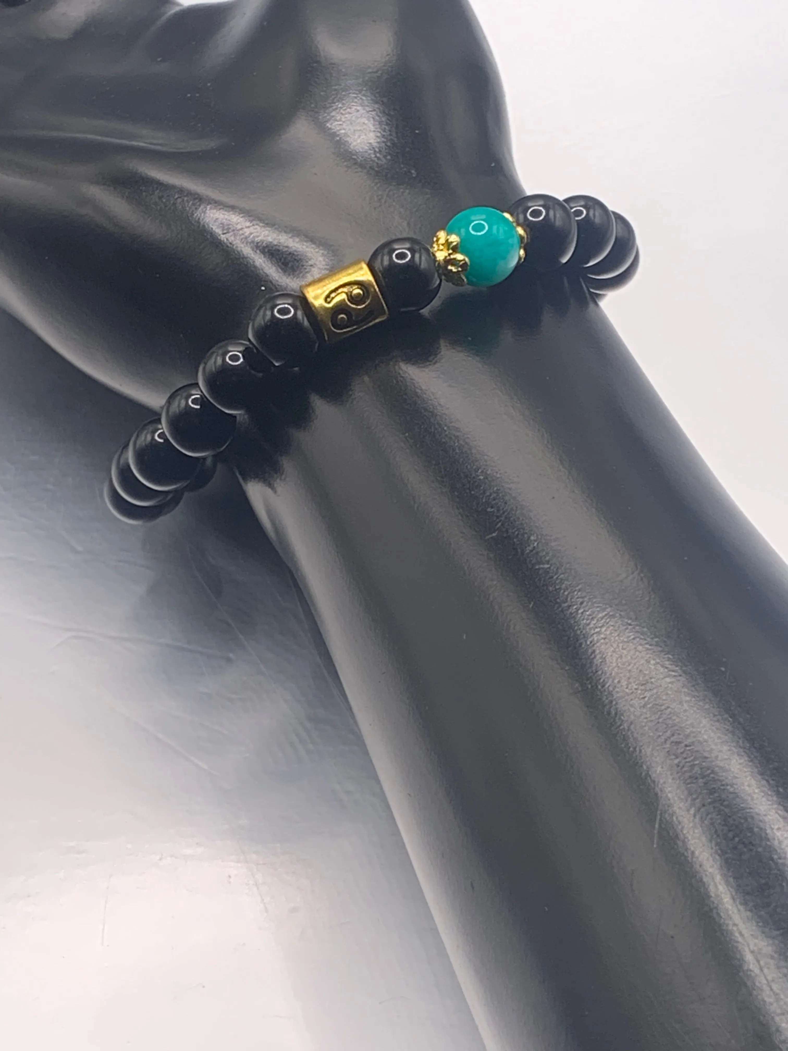 Cancer Zodiac black obsidian with aquamarine chalcedony semi precious stone/crystal elastic beaded bracelet with gold accents