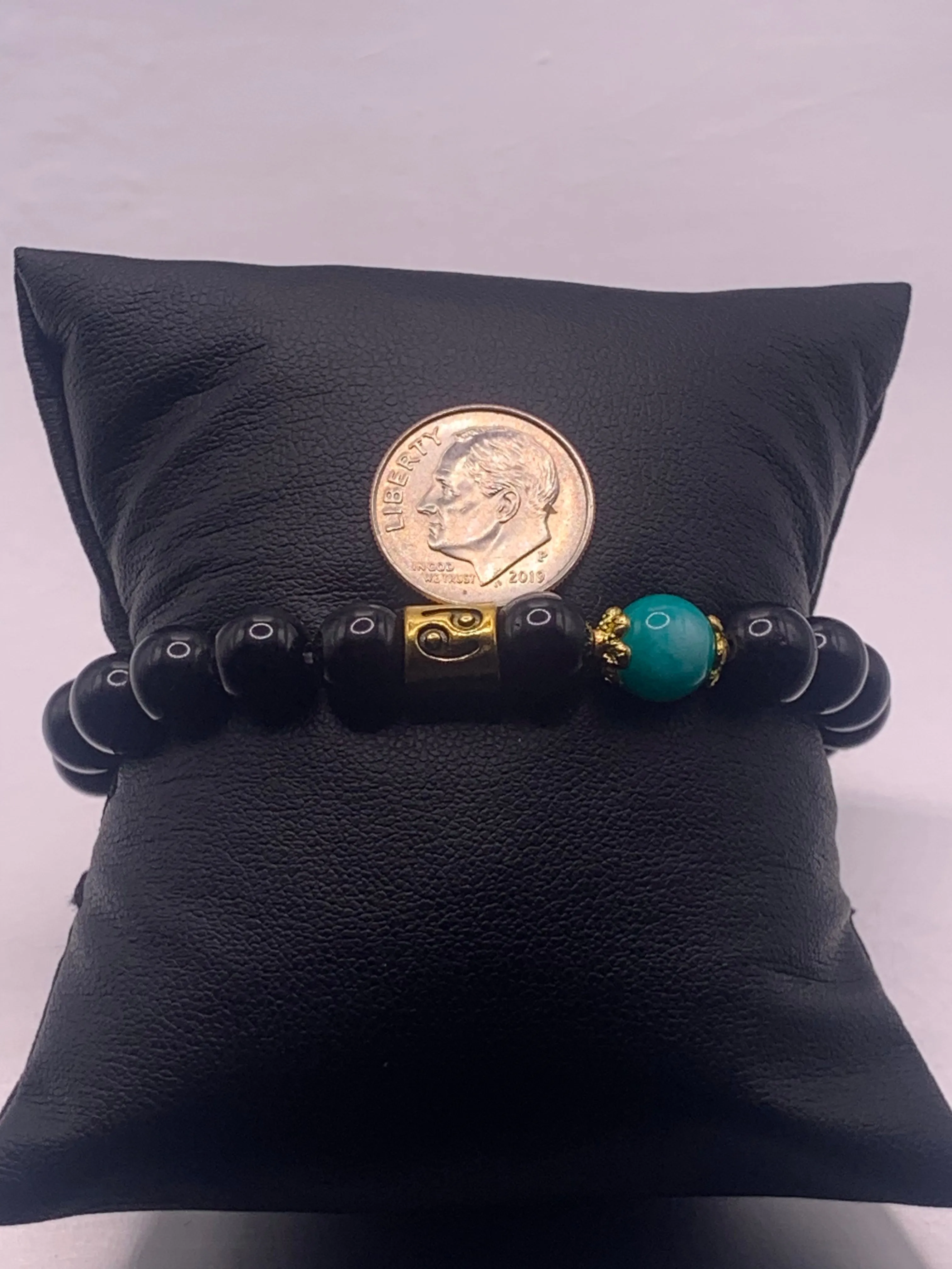Cancer Zodiac black obsidian with aquamarine chalcedony semi precious stone/crystal elastic beaded bracelet with gold accents