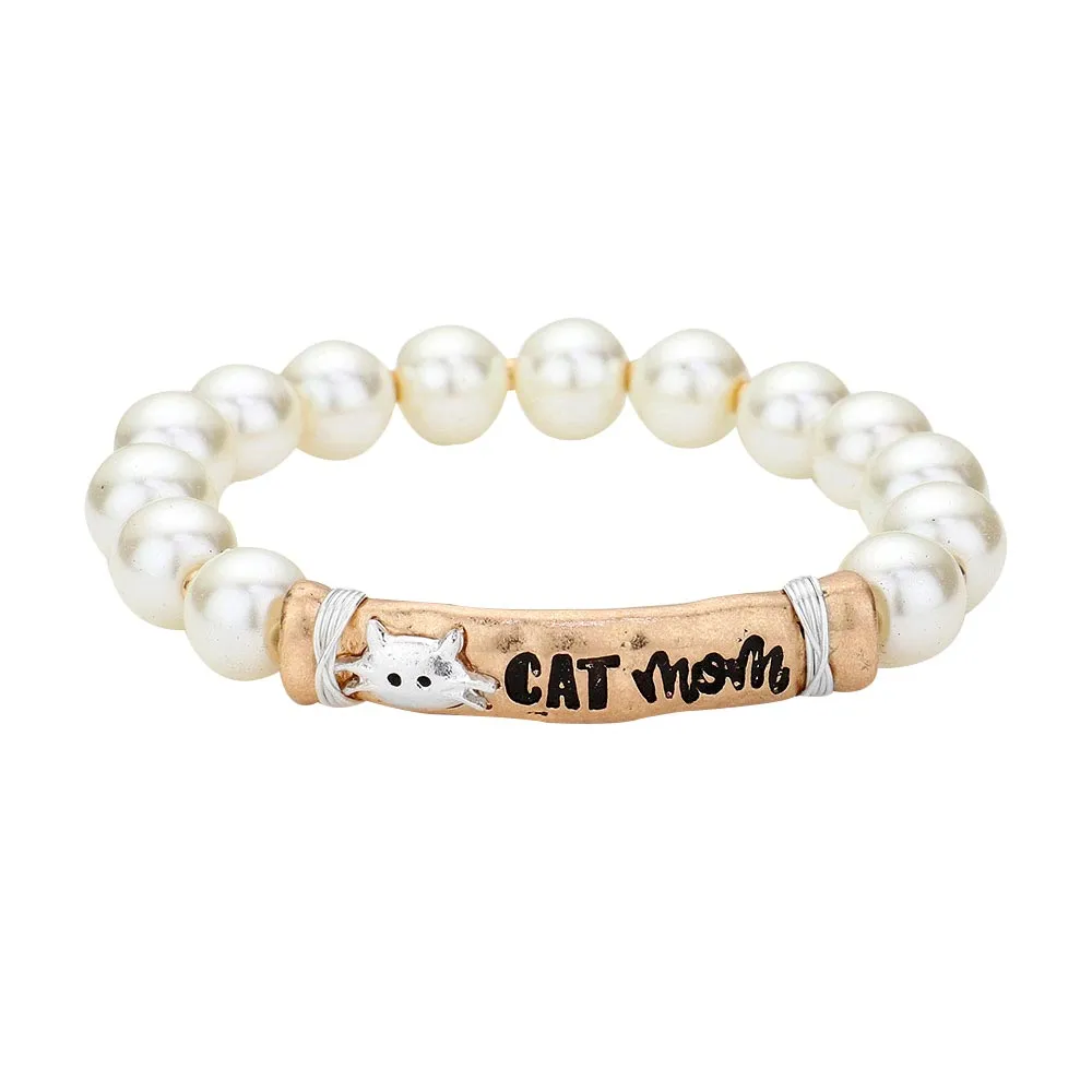 Cat Mom Message Pearl Stretch Bracelet
