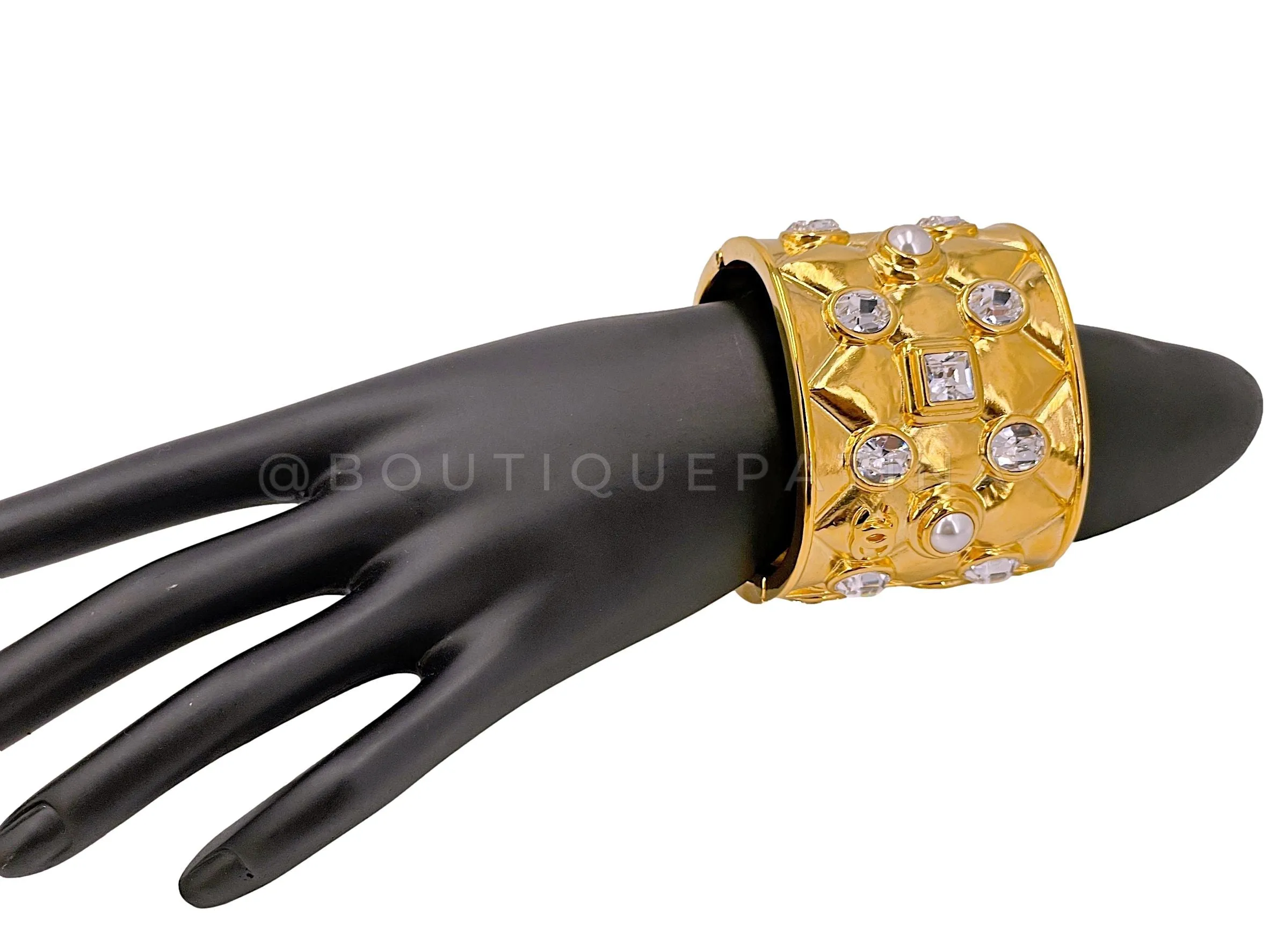Chanel 21A Quilted Crystal Pearl Cuff Bracelet Set of 2