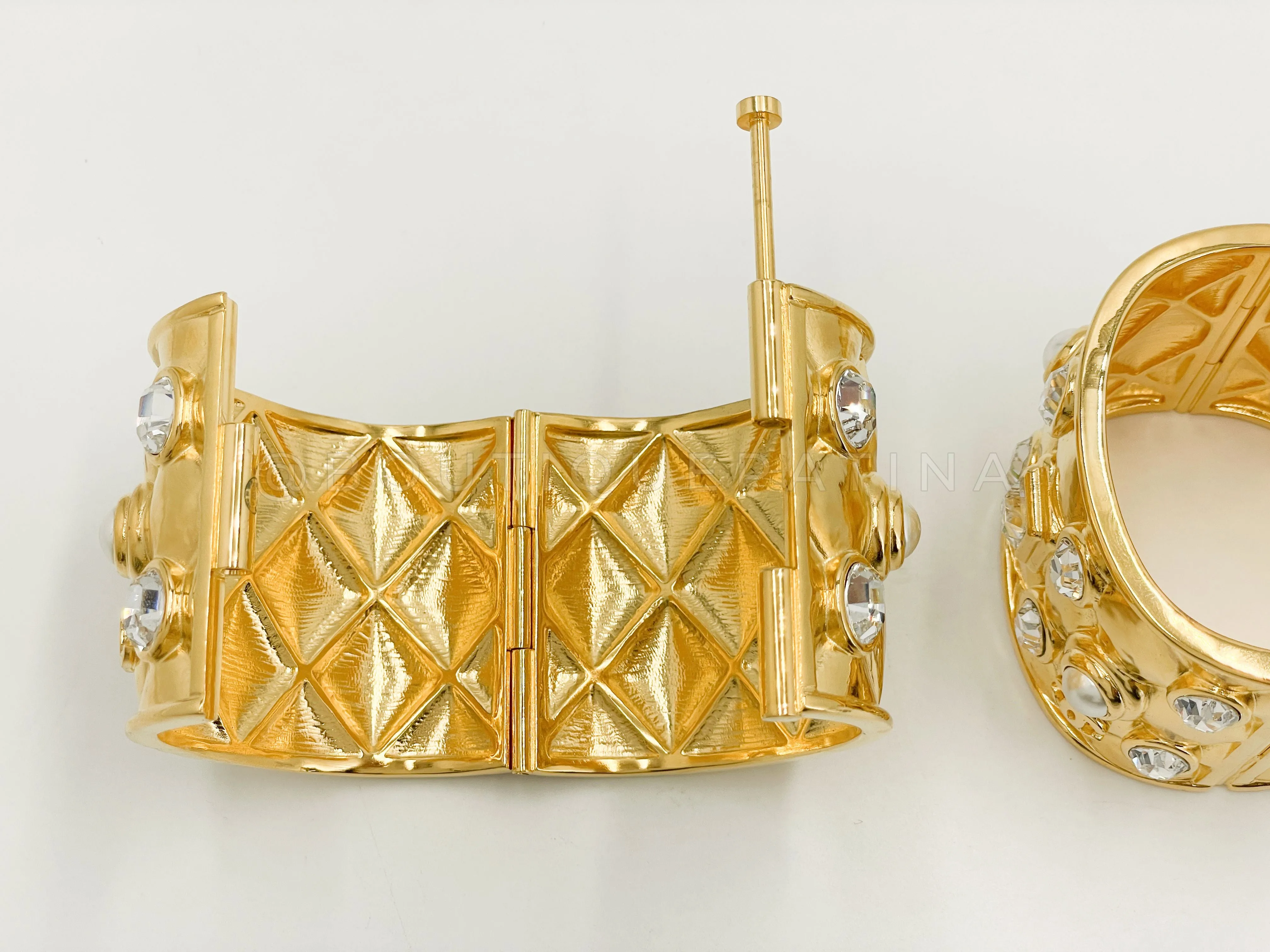 Chanel 21A Quilted Crystal Pearl Cuff Bracelet Set of 2