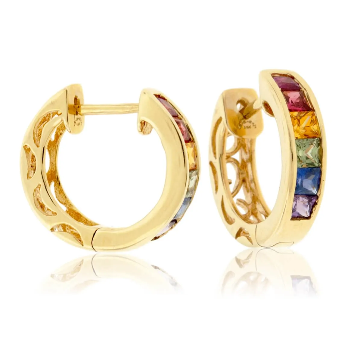 Channel Set Princess Cut Rainbow Sapphire Hoop Earrings