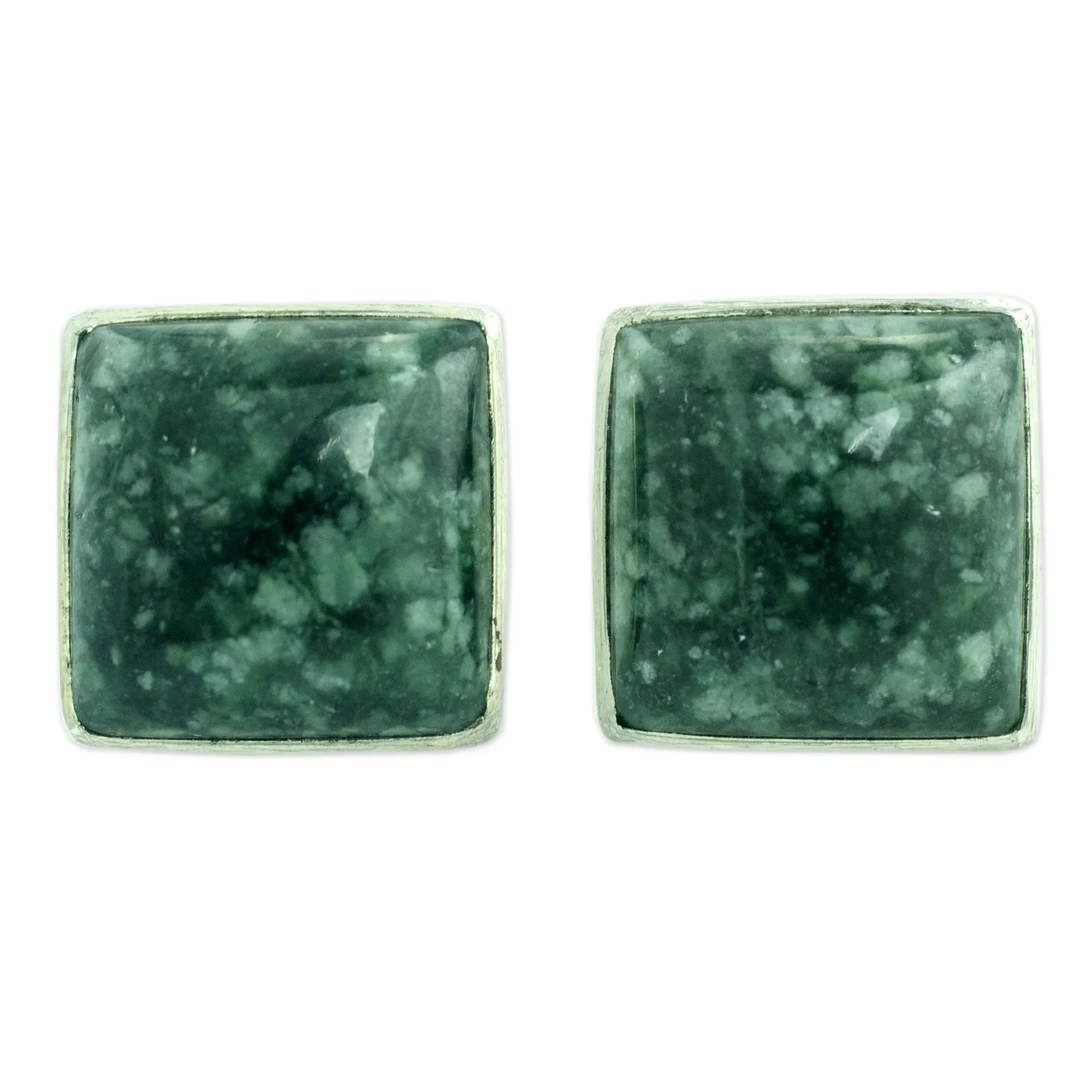 Classic Silver Button Earrings with Green Maya Jade - Forest Mystique | NOVICA