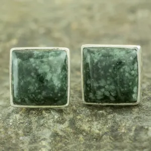 Classic Silver Button Earrings with Green Maya Jade - Forest Mystique | NOVICA