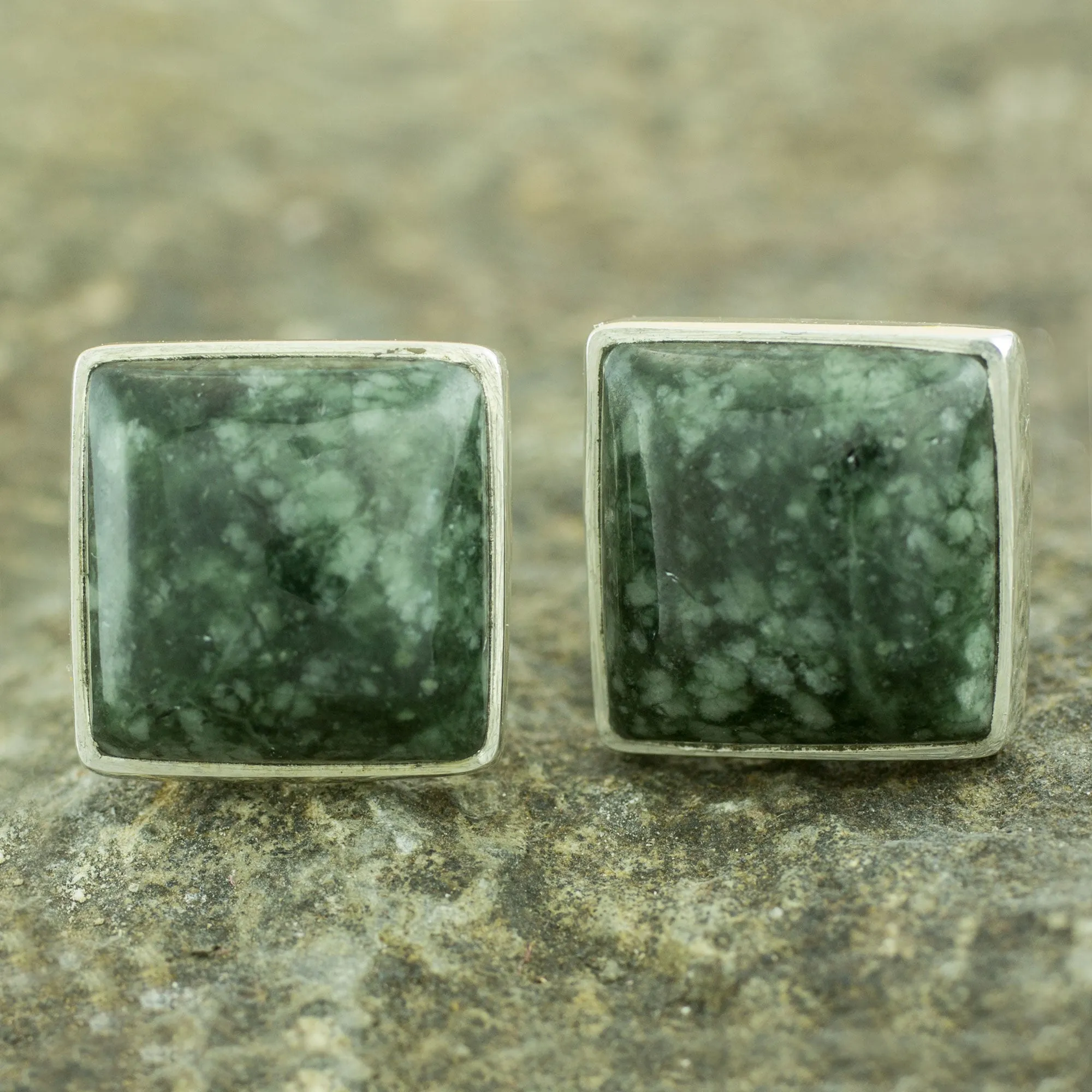 Classic Silver Button Earrings with Green Maya Jade - Forest Mystique | NOVICA