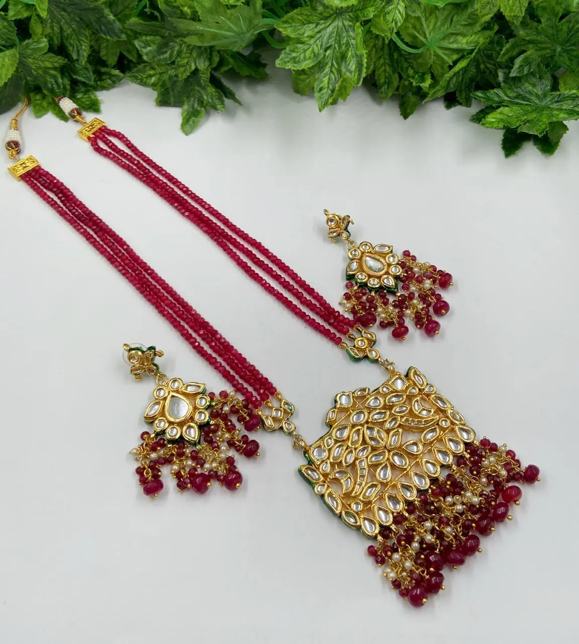 Contemporary Red Kundan Necklace Set For Weddings And Parties By Gehna Shop