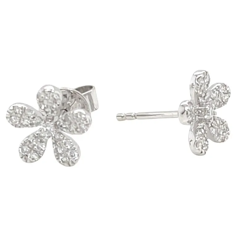 Diamond Pave Floral Stud Earrings in 18k White Gold, .20 Carats Total