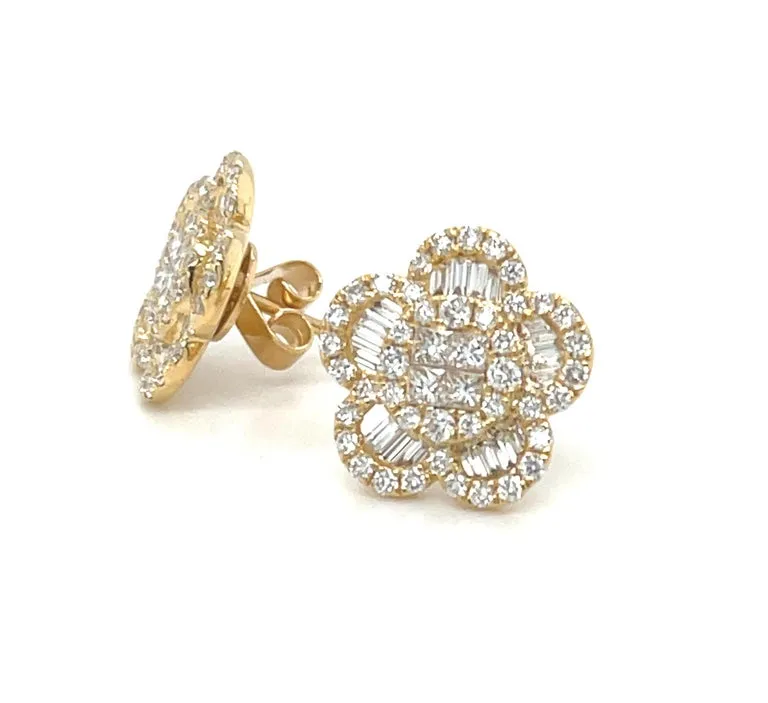 Diamond Round and Baguette Floral Earrings in 18k Yellow Gold, 1.35 Carats Total