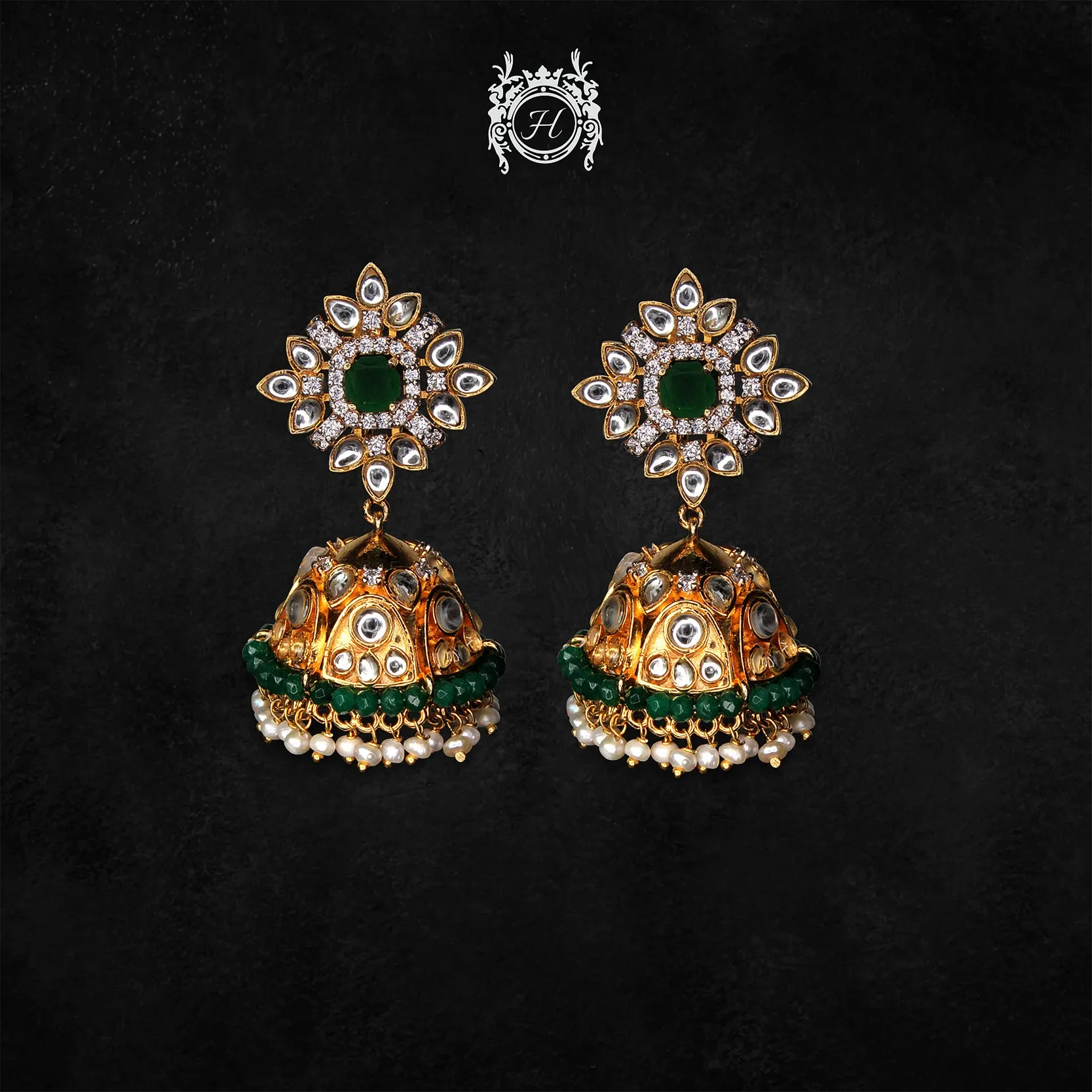 Earrings in Kundan, Jade, Pearls and Zircons