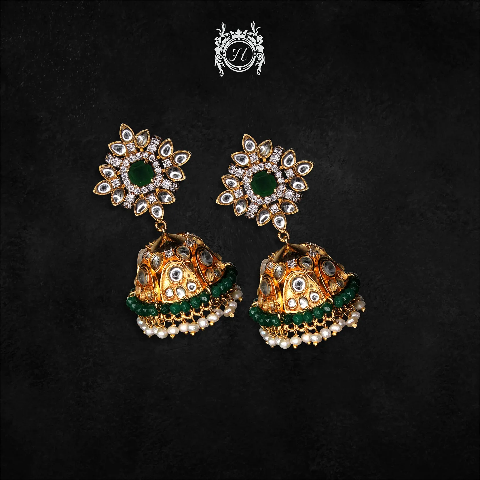 Earrings in Kundan, Jade, Pearls and Zircons