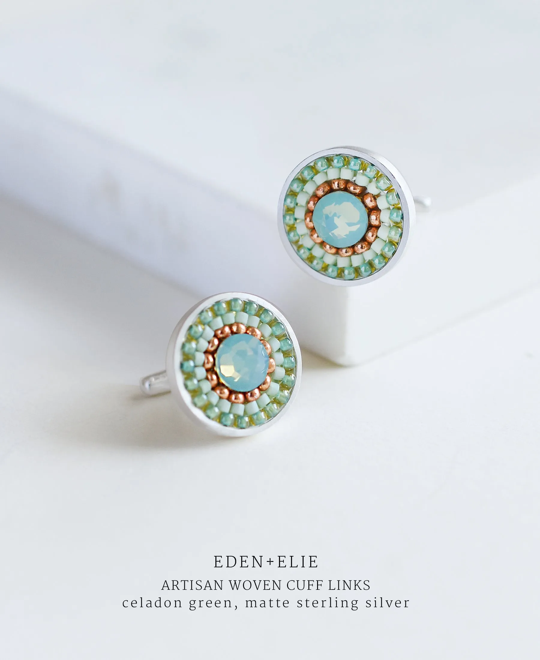 EDEN   ELIE Artisan Woven Sterling Silver Cuff Links - celadon green