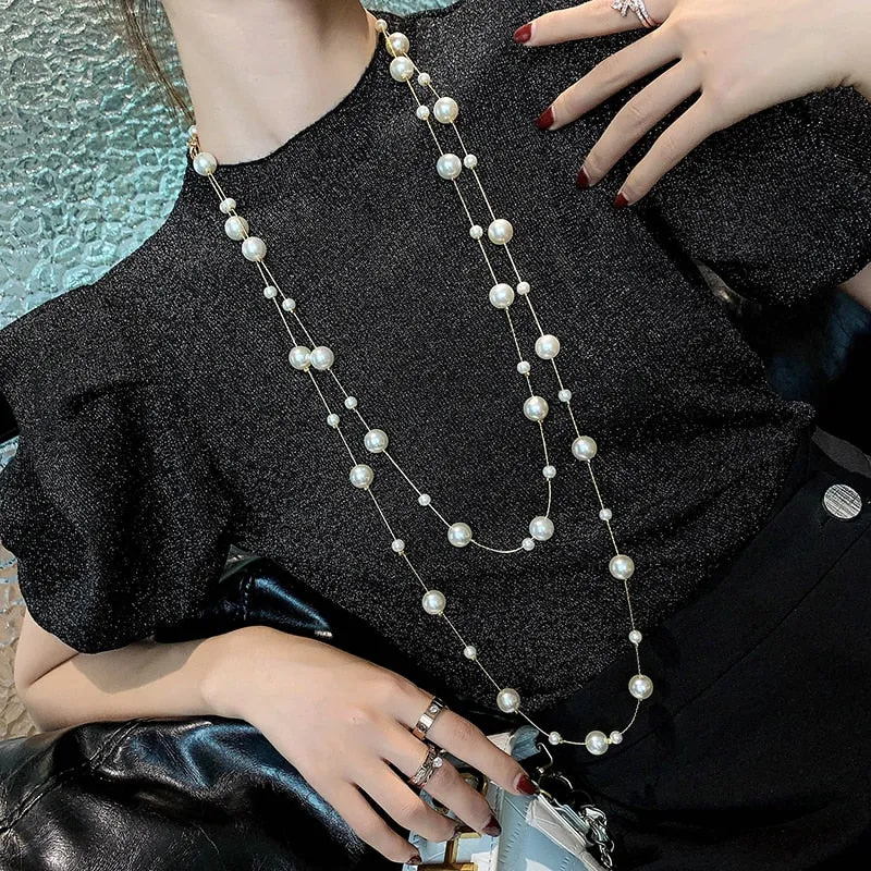Fashion Jewelry Imitation Pearl Long Chains Necklace for Women as Sweater Accessories