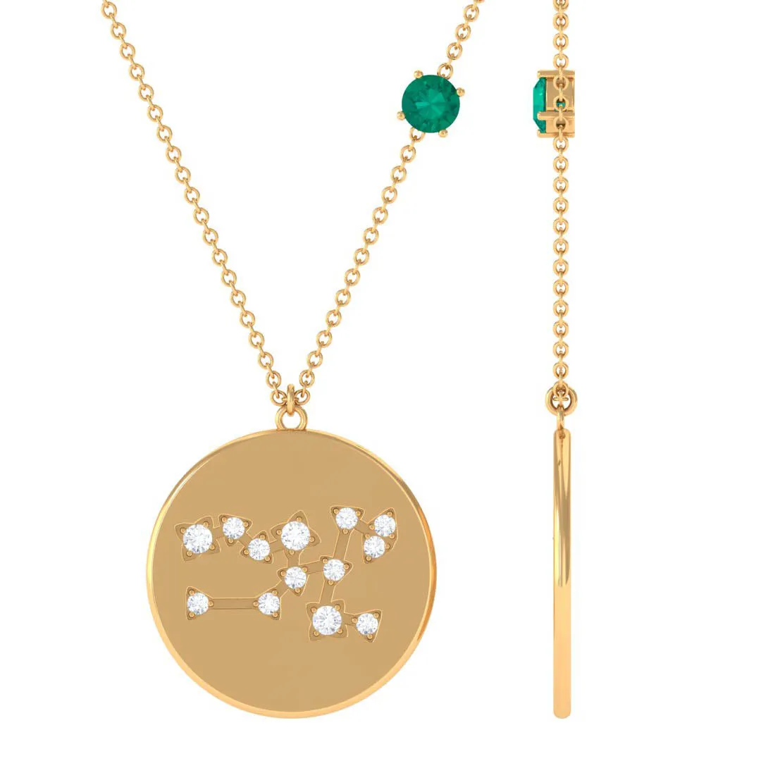Green Emerald Taurus Constellation Disc Pendant with Diamond