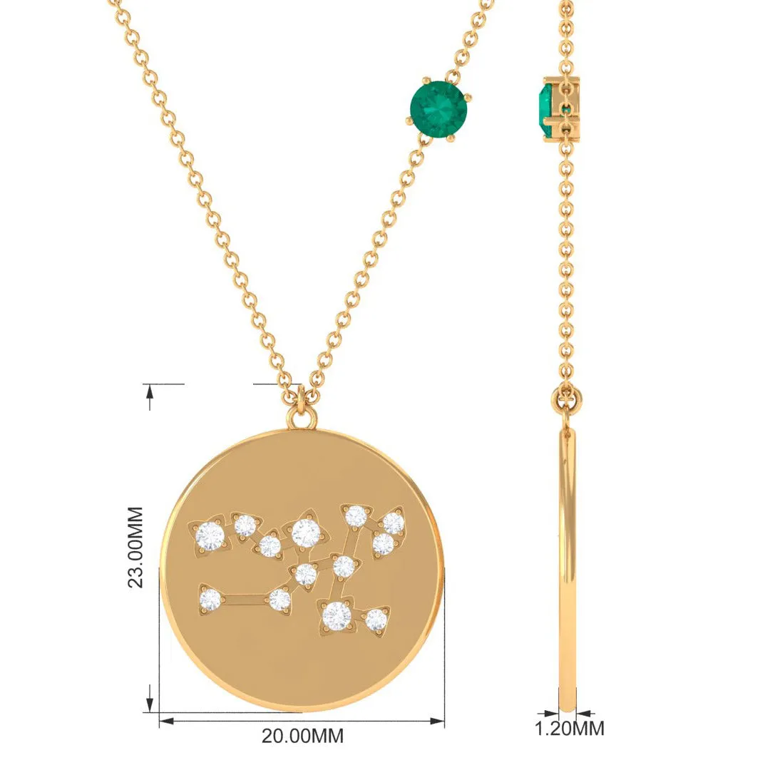 Green Emerald Taurus Constellation Disc Pendant with Diamond