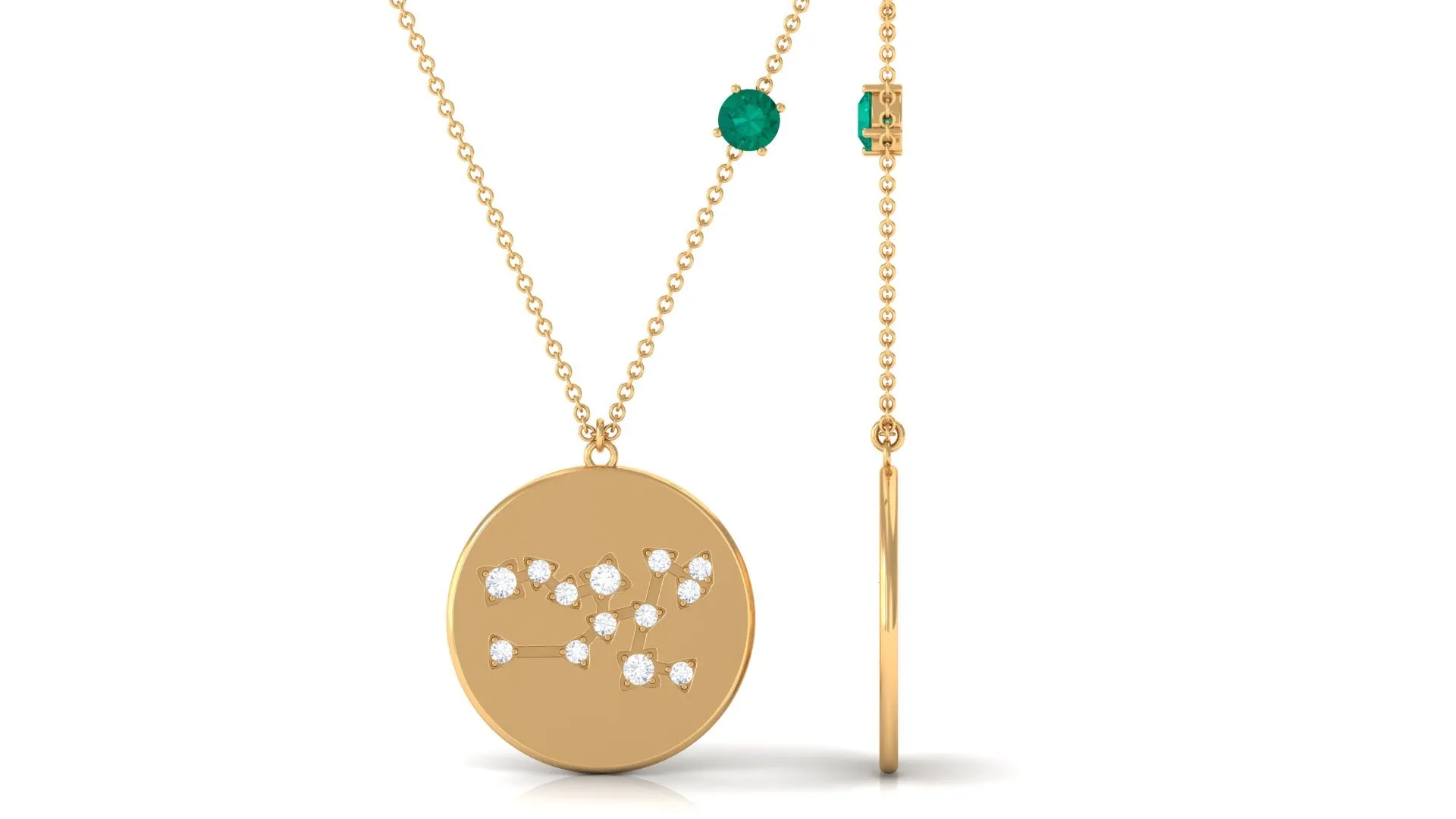 Green Emerald Taurus Constellation Disc Pendant with Diamond