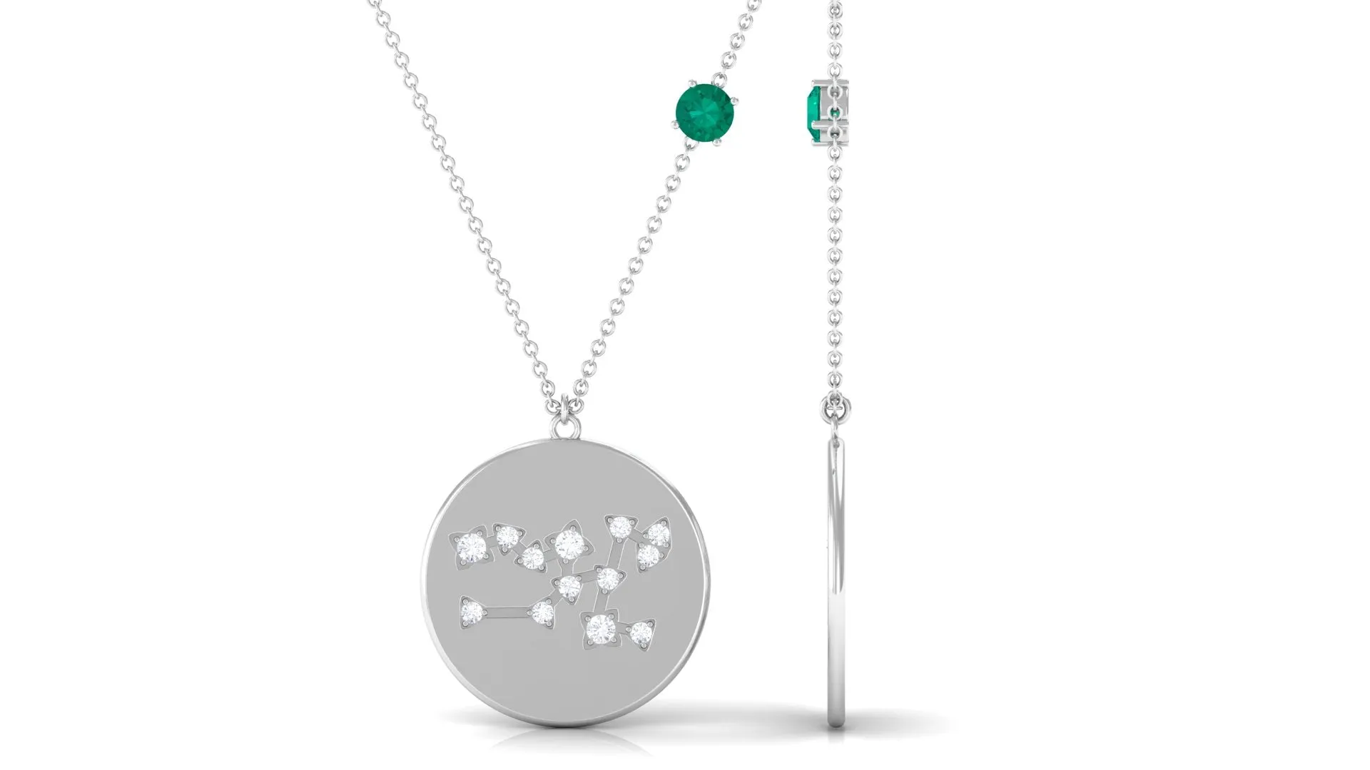 Green Emerald Taurus Constellation Disc Pendant with Diamond