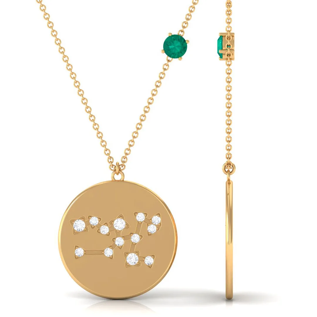 Green Emerald Taurus Constellation Disc Pendant with Diamond