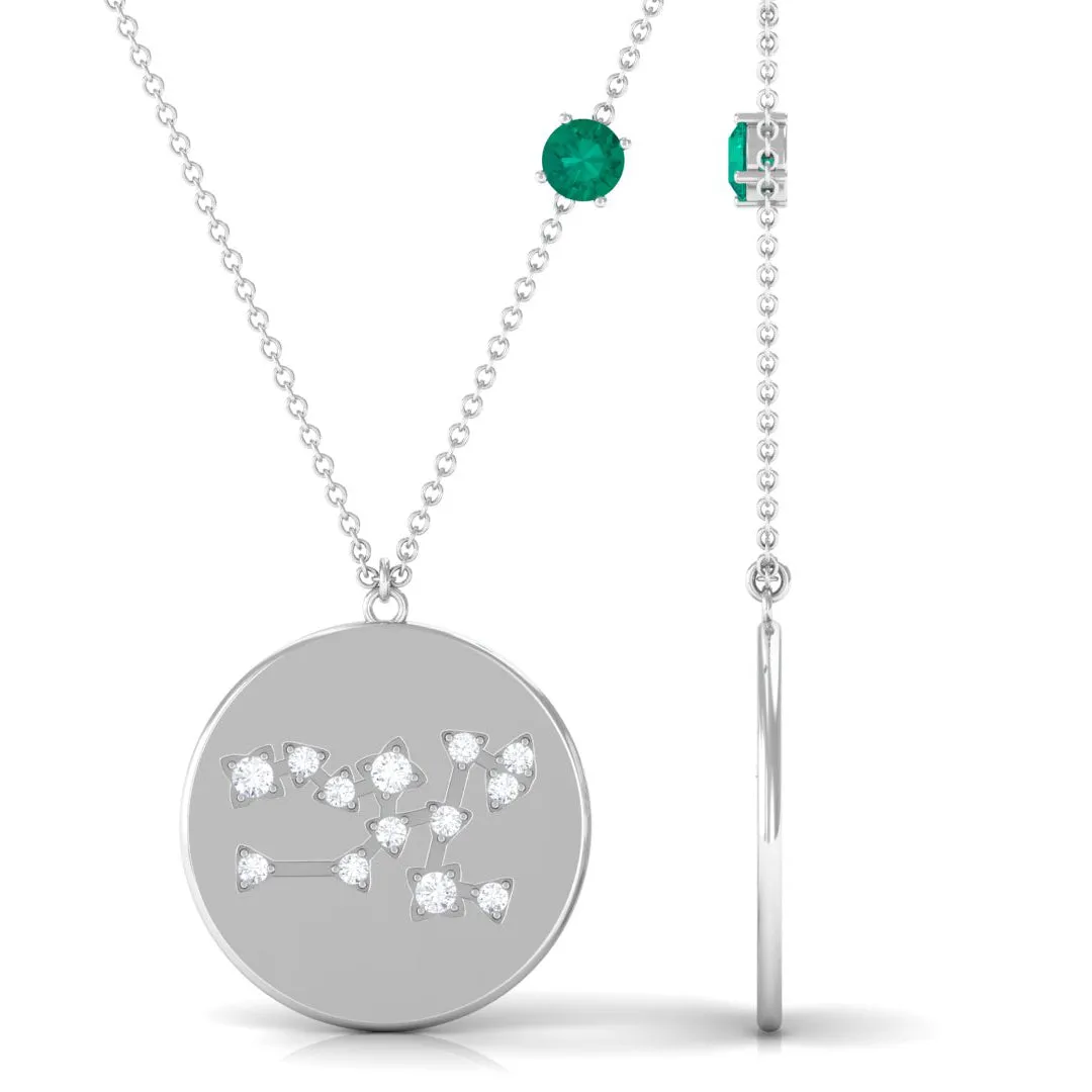 Green Emerald Taurus Constellation Disc Pendant with Diamond
