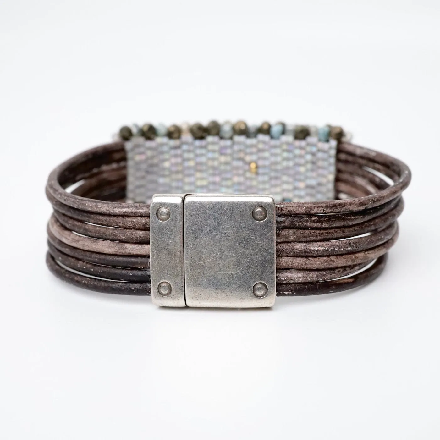 Hand Stitched Aqua Moonstone & Pyrite Leather Bracelet
