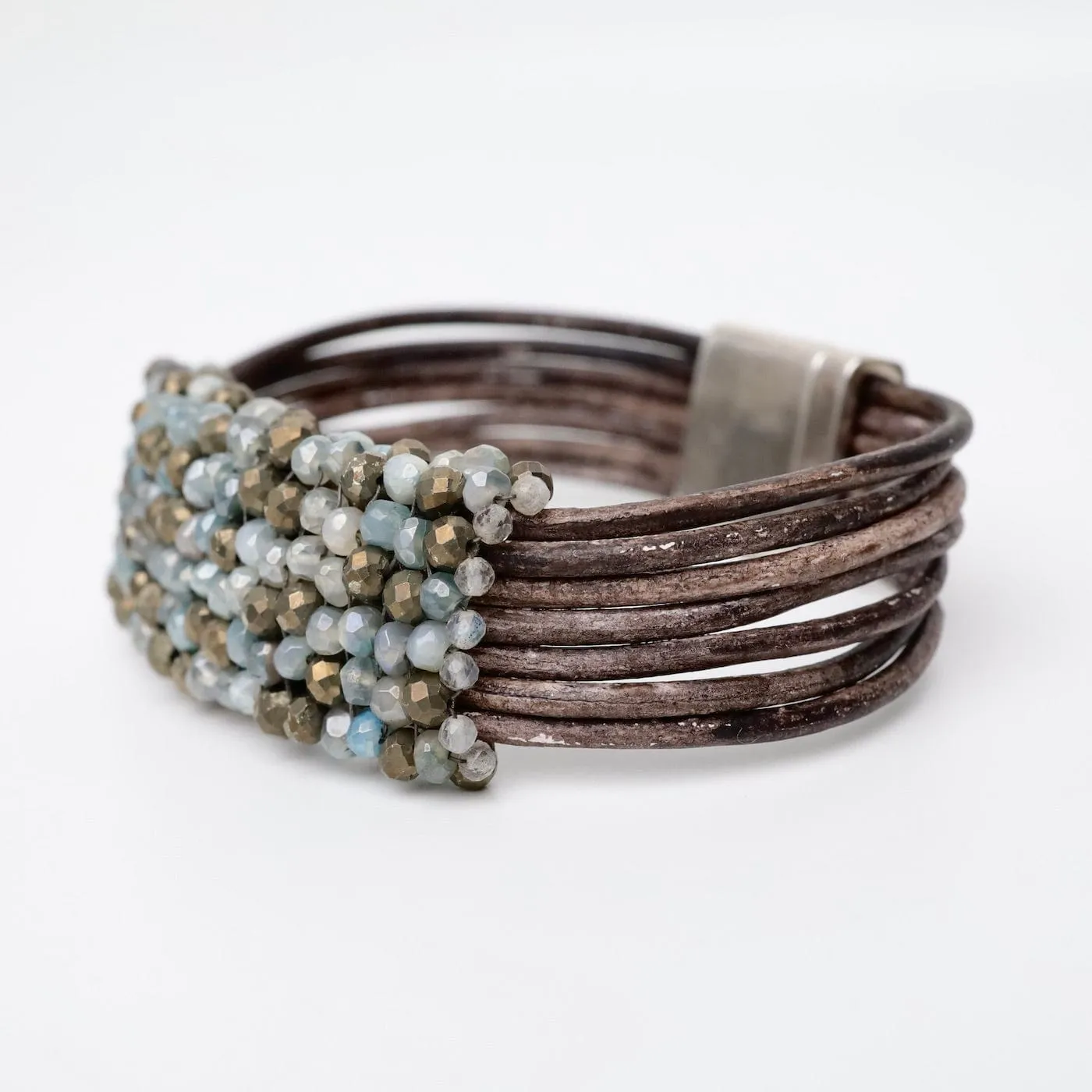 Hand Stitched Aqua Moonstone & Pyrite Leather Bracelet