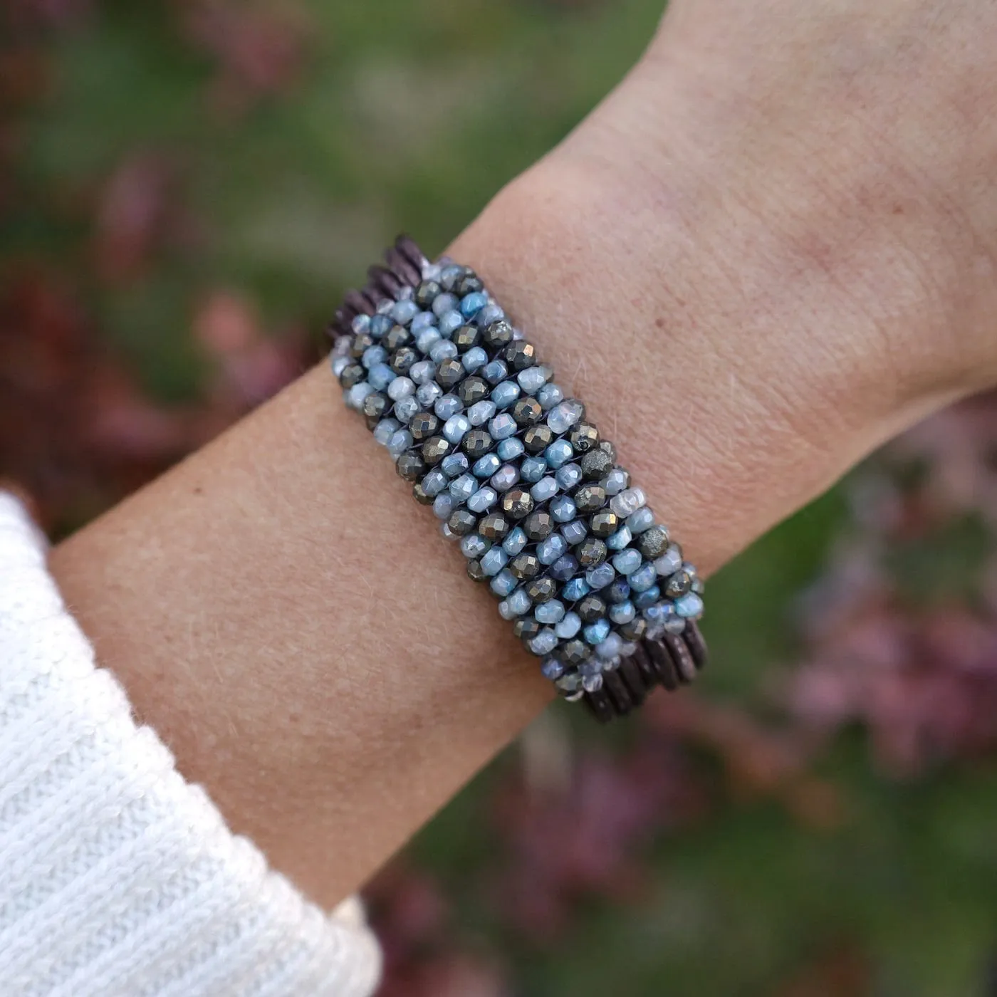 Hand Stitched Aqua Moonstone & Pyrite Leather Bracelet