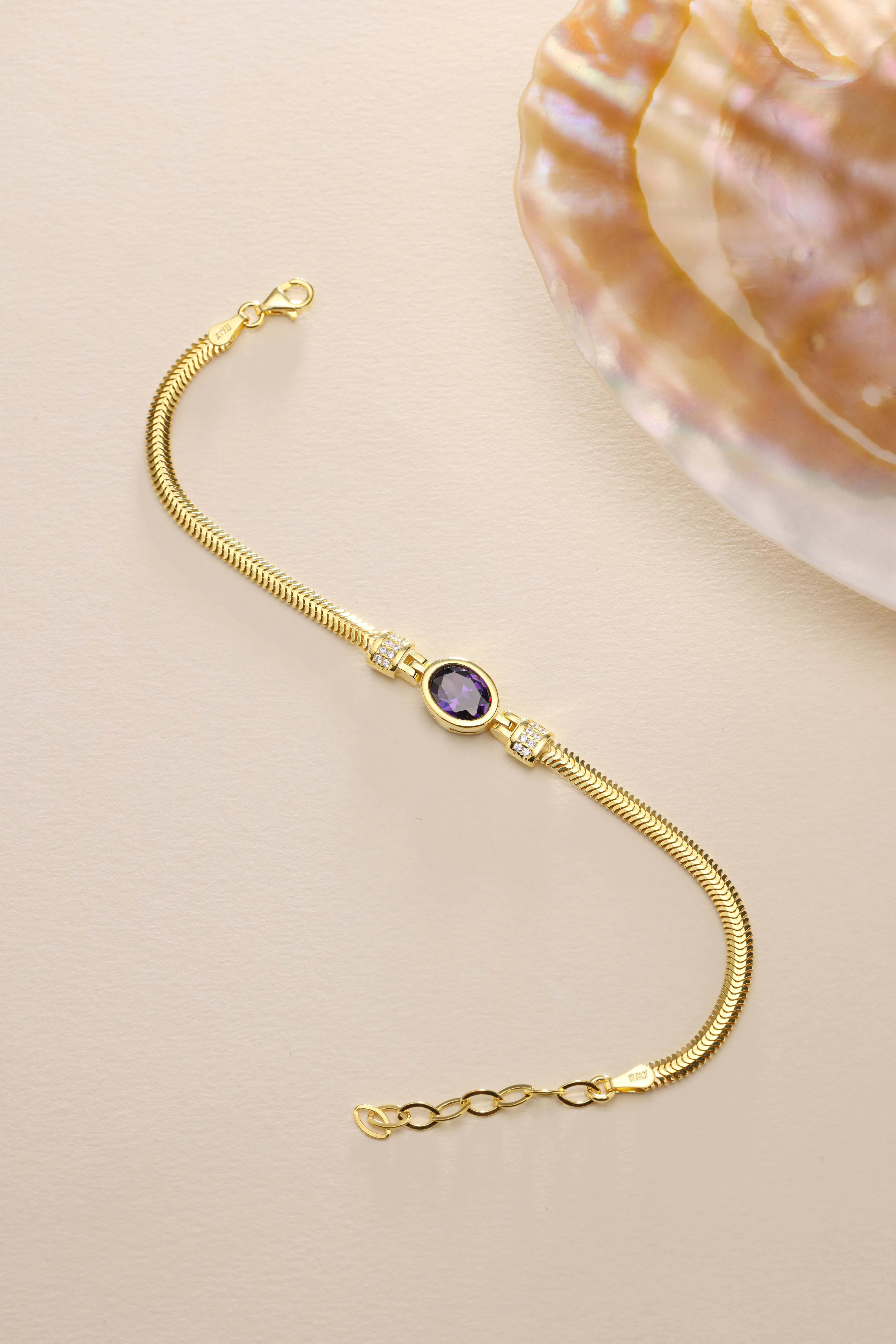 Handmade Herringbone Sterling Silver Bracelet with Purple Stone