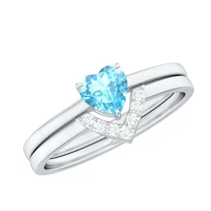 Heart Aquamarine and Diamond Stackable Ring Set