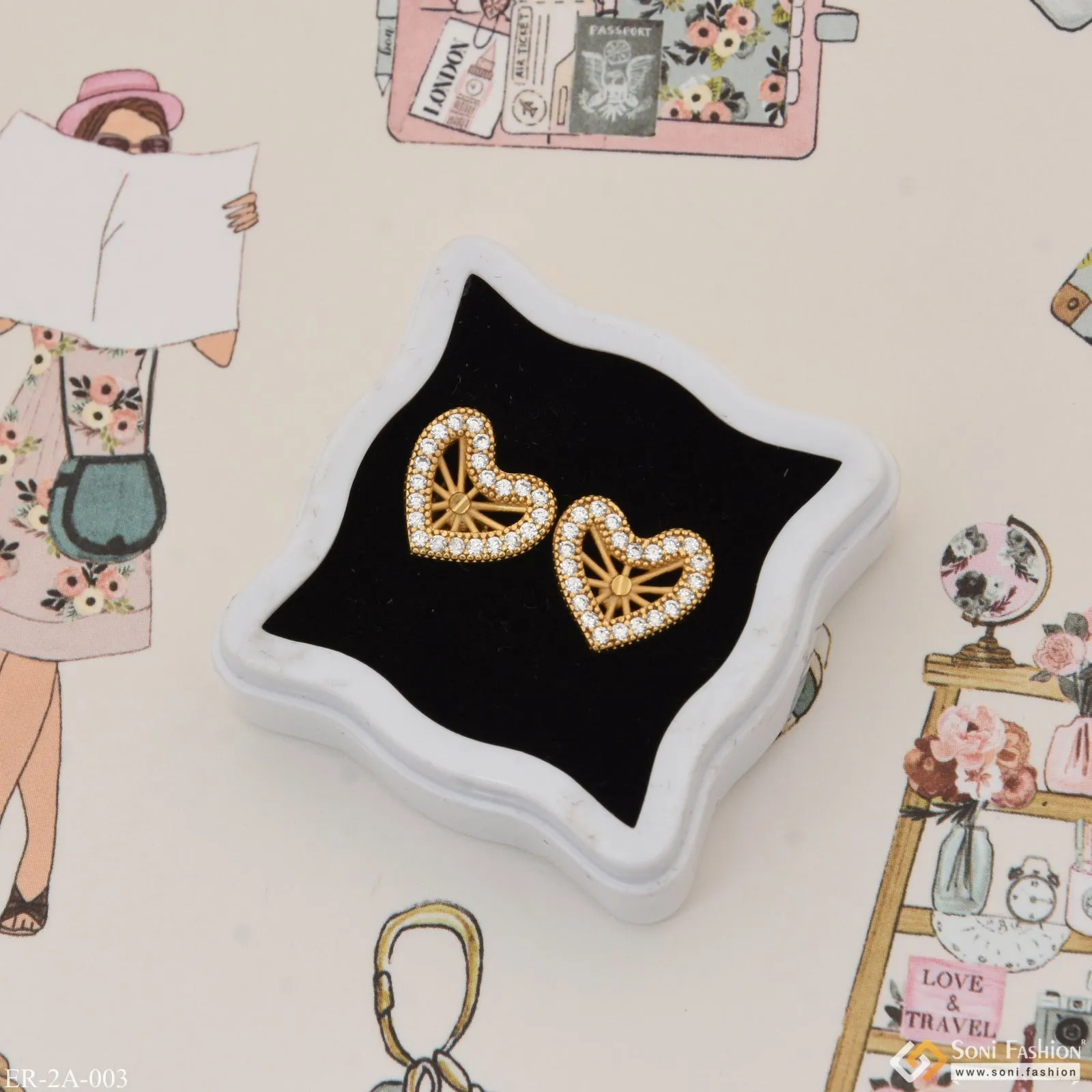 Heart Shape with Diamond Fashionable Gold Plated Earrings for Ladies - Style A003