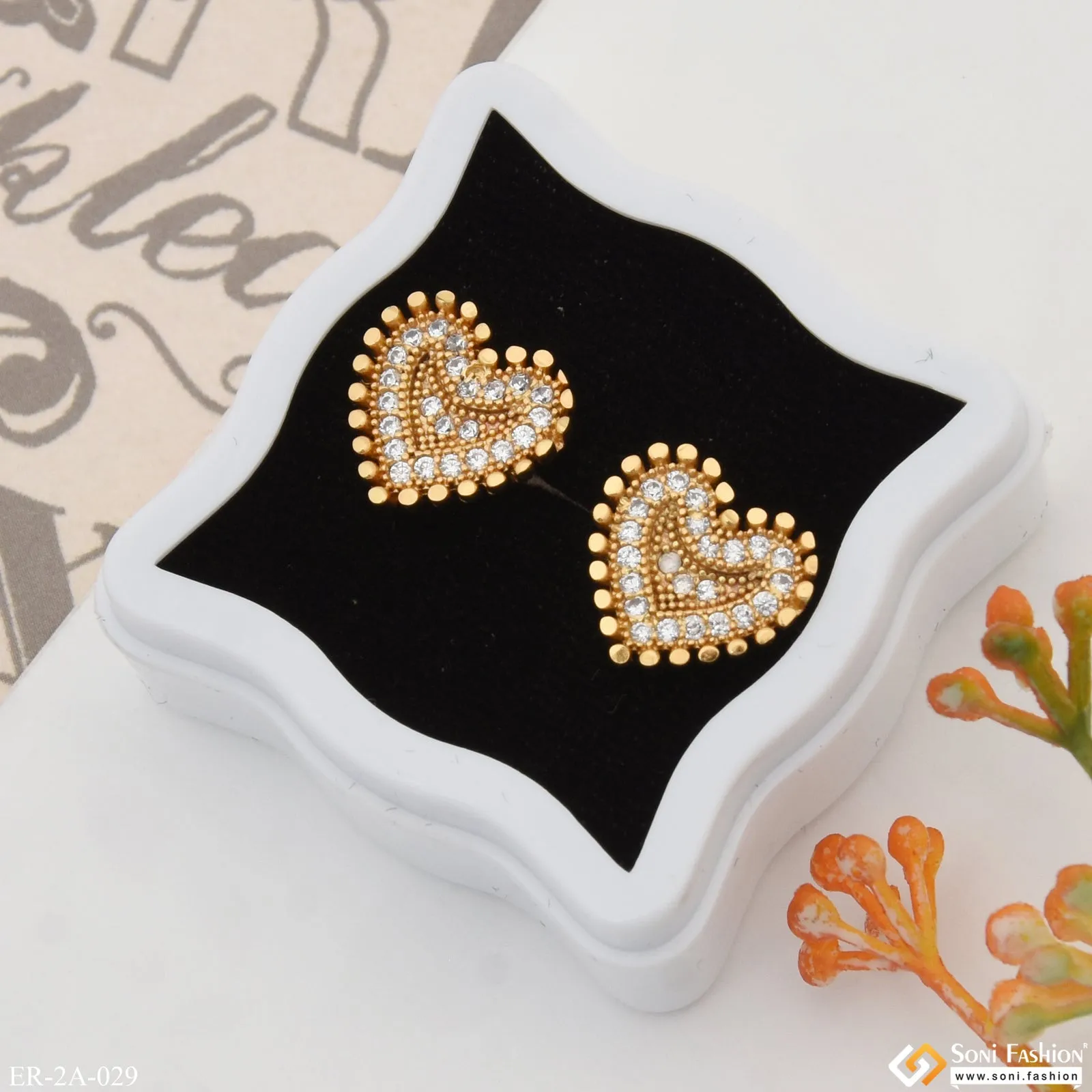 Heart with Diamond Brilliant Design Gold Plated Earrings for Lady - Style A029