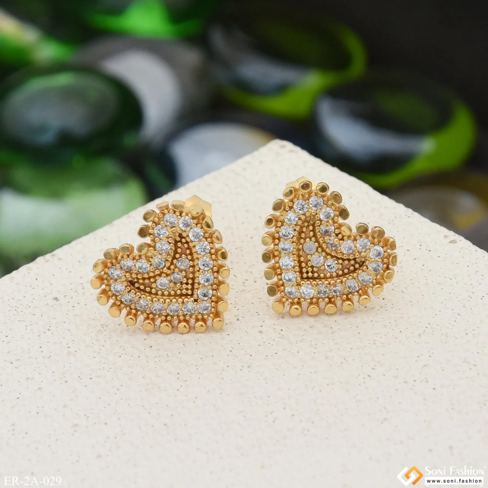 Heart with Diamond Brilliant Design Gold Plated Earrings for Lady - Style A029