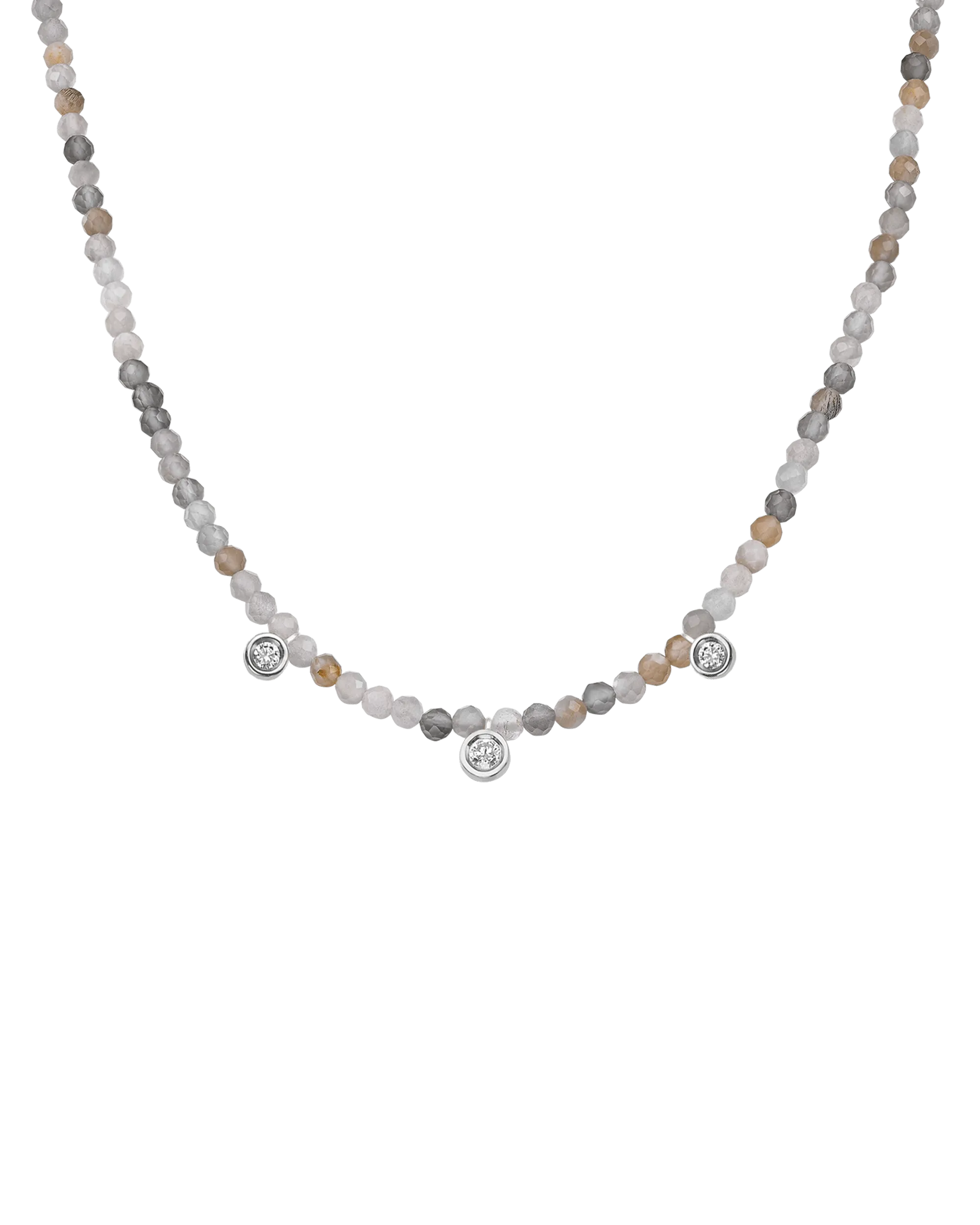 Jade Gemstone & Three diamonds Necklace - 14K White Gold