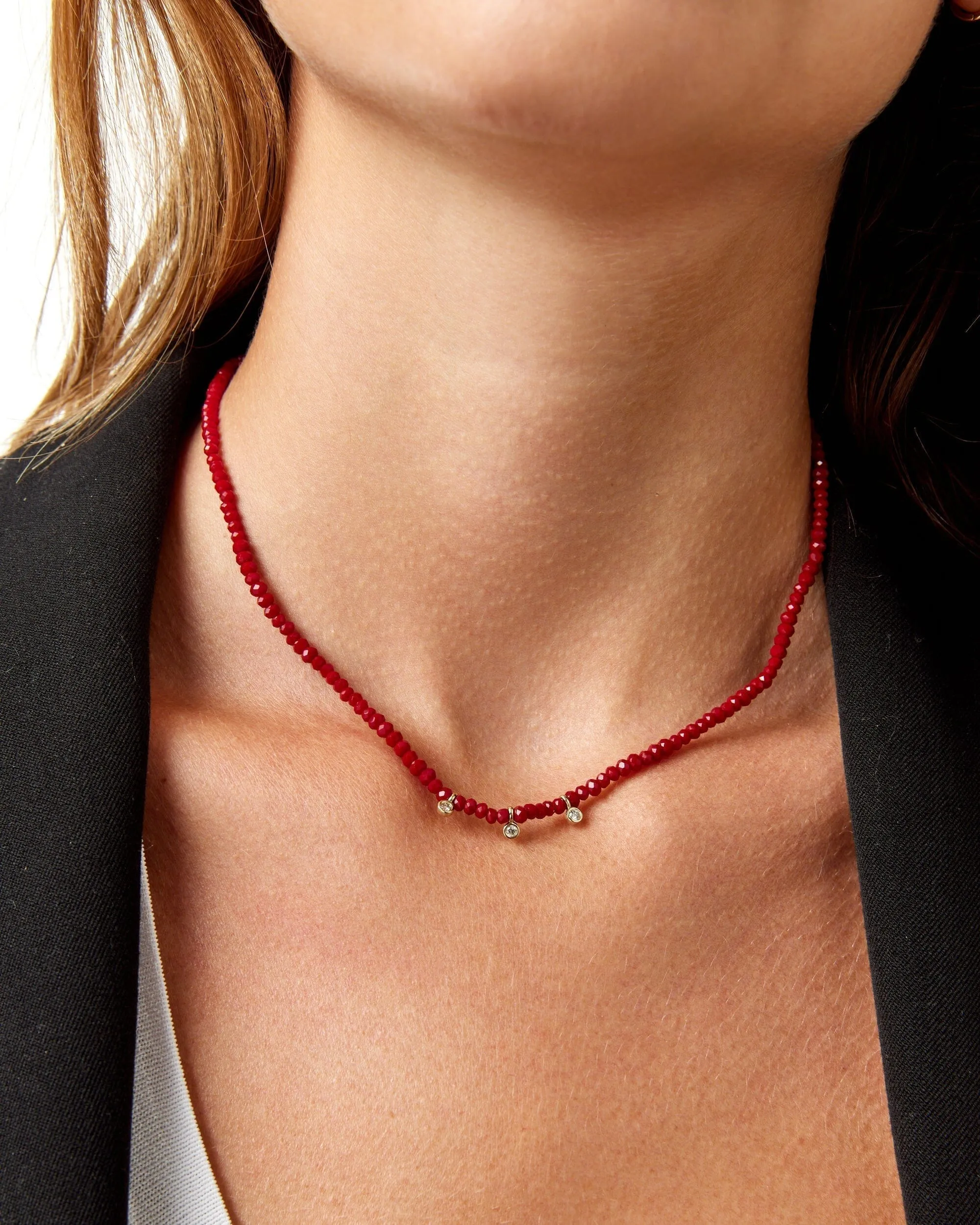 Jade Gemstone & Three diamonds Necklace - 14K White Gold