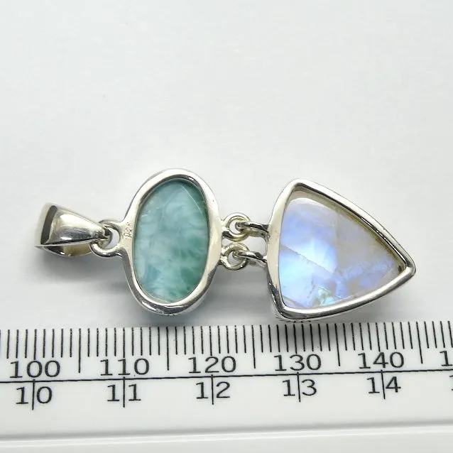 Larimar Pendant with Rainbow Moonstone, 925 Sterling Silver