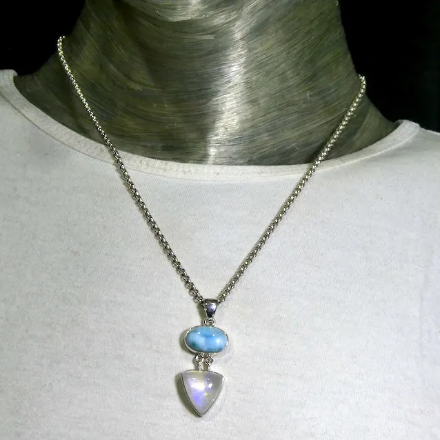 Larimar Pendant with Rainbow Moonstone, 925 Sterling Silver