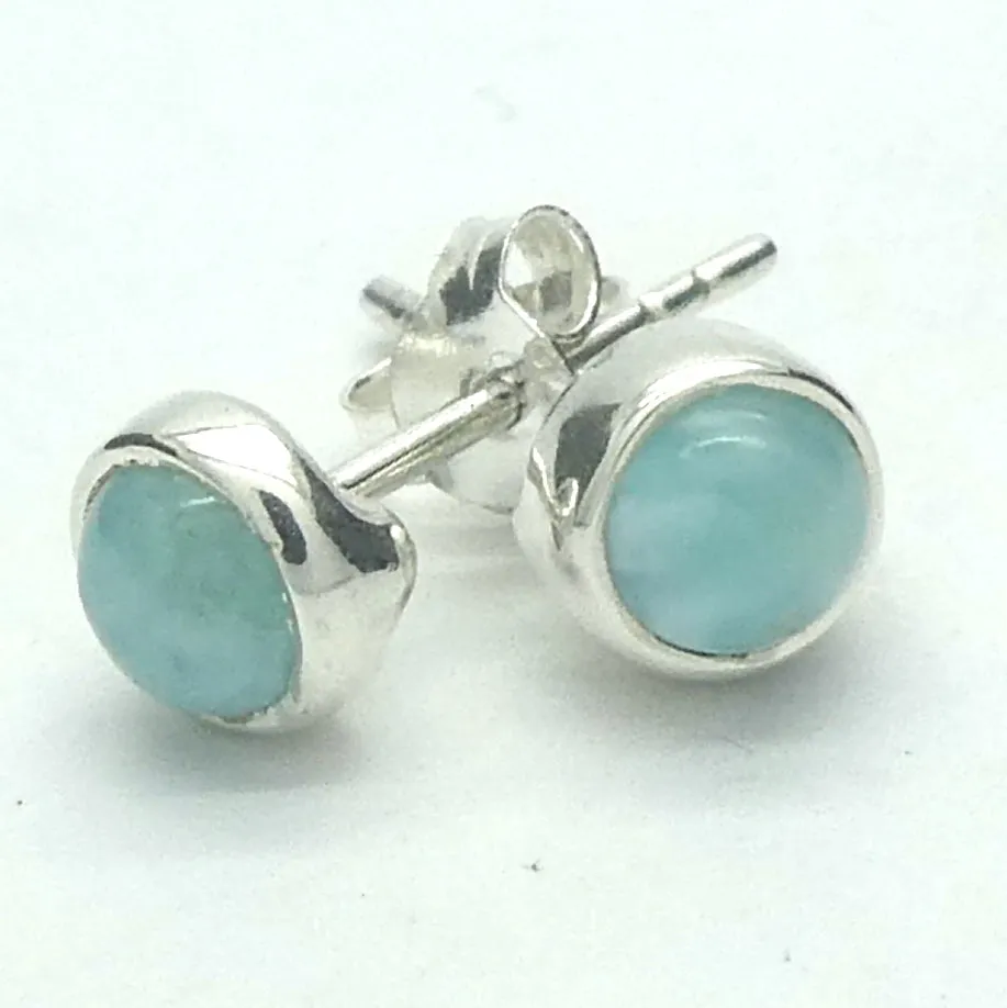 Larimar Stud Earrings, Cabochon Rounds, 925 Sterling Silver