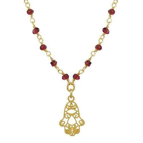Michal Golan Garnet Filigree Hamsa Necklace