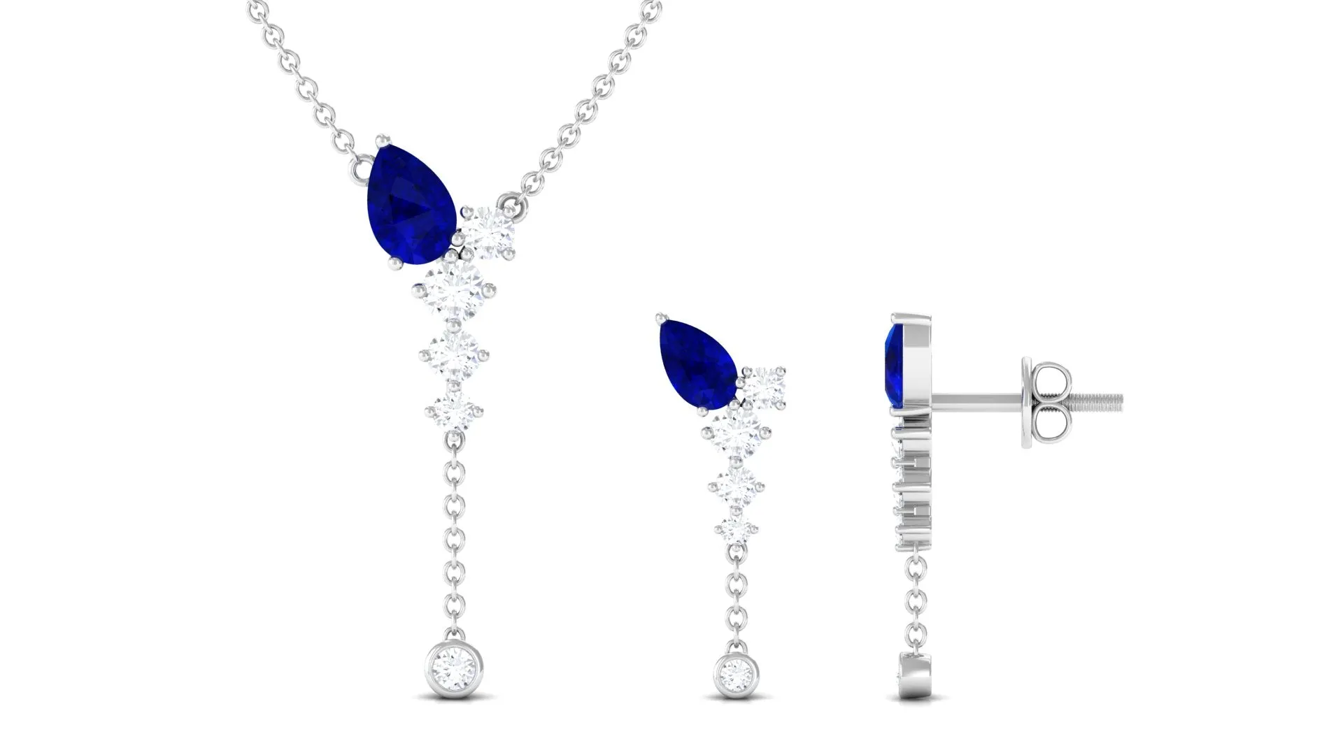 Minimal Created Blue Sapphire Dangle Necklace and Earrings Set with Diamond