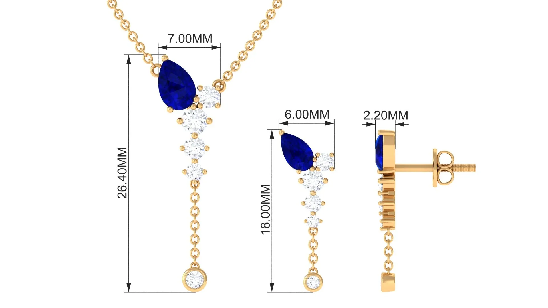 Minimal Created Blue Sapphire Dangle Necklace and Earrings Set with Diamond