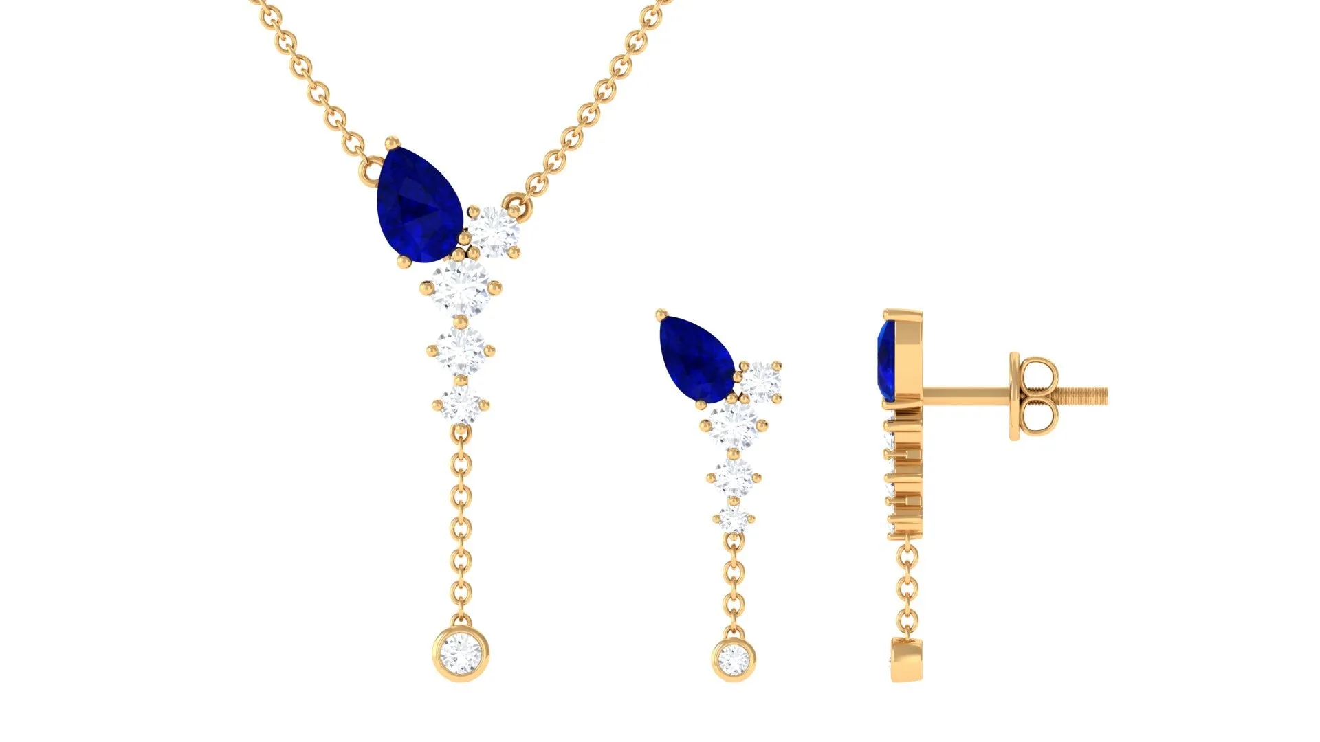 Minimal Created Blue Sapphire Dangle Necklace and Earrings Set with Diamond