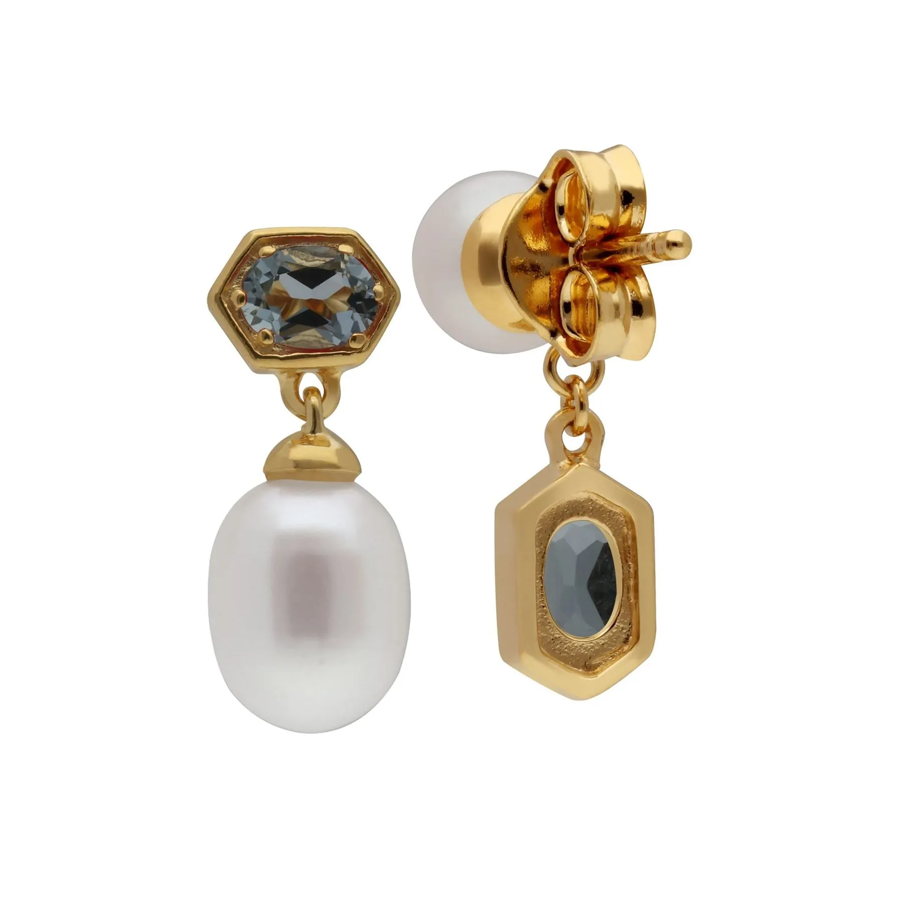 Moderne Perle & Aquamarin Asymmetrische Tropfen Ohrringe in Vergoldetem Sterling Silber