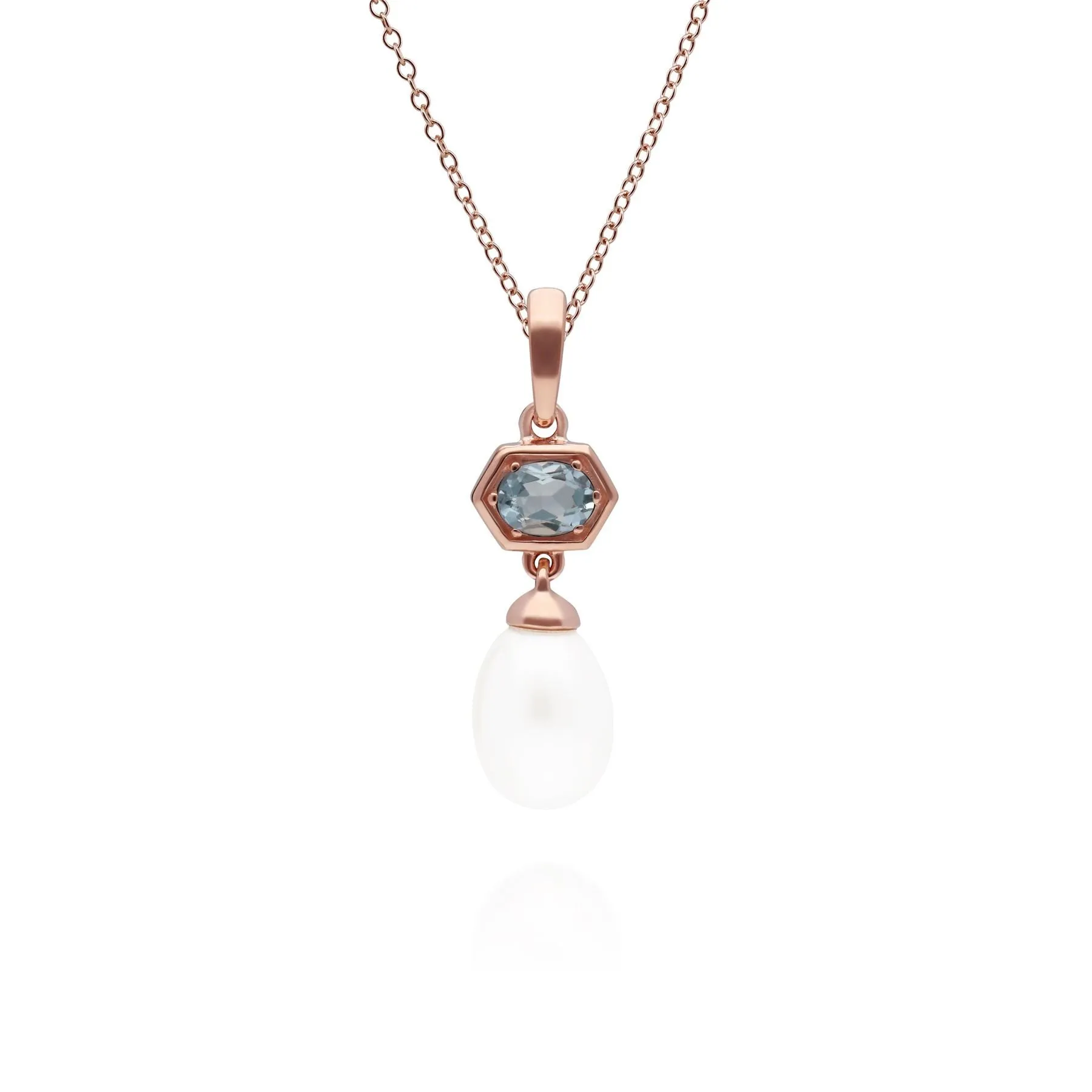 Moderne Perle & Aquamarin Hexagon Tropfen Anhänger in Rose Vergoldetem Sterling Silber
