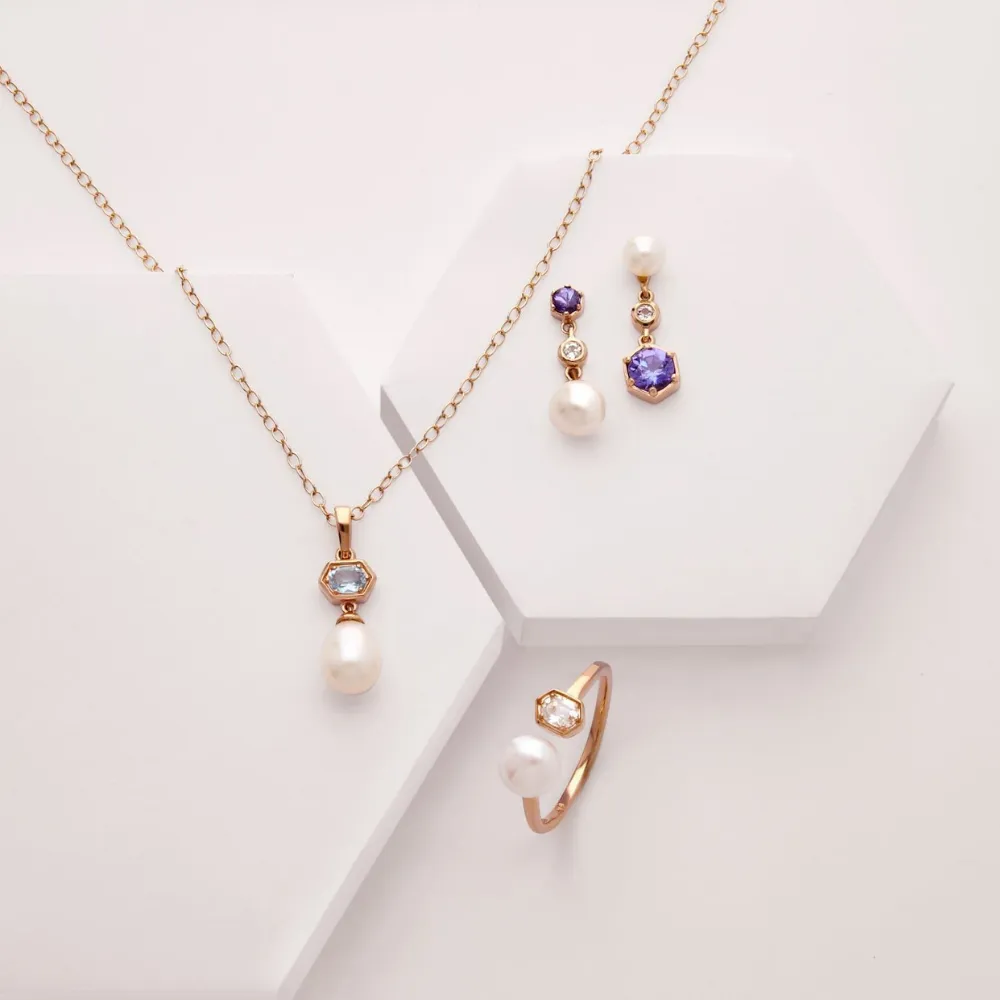 Moderne Perle & Aquamarin Hexagon Tropfen Anhänger in Rose Vergoldetem Sterling Silber