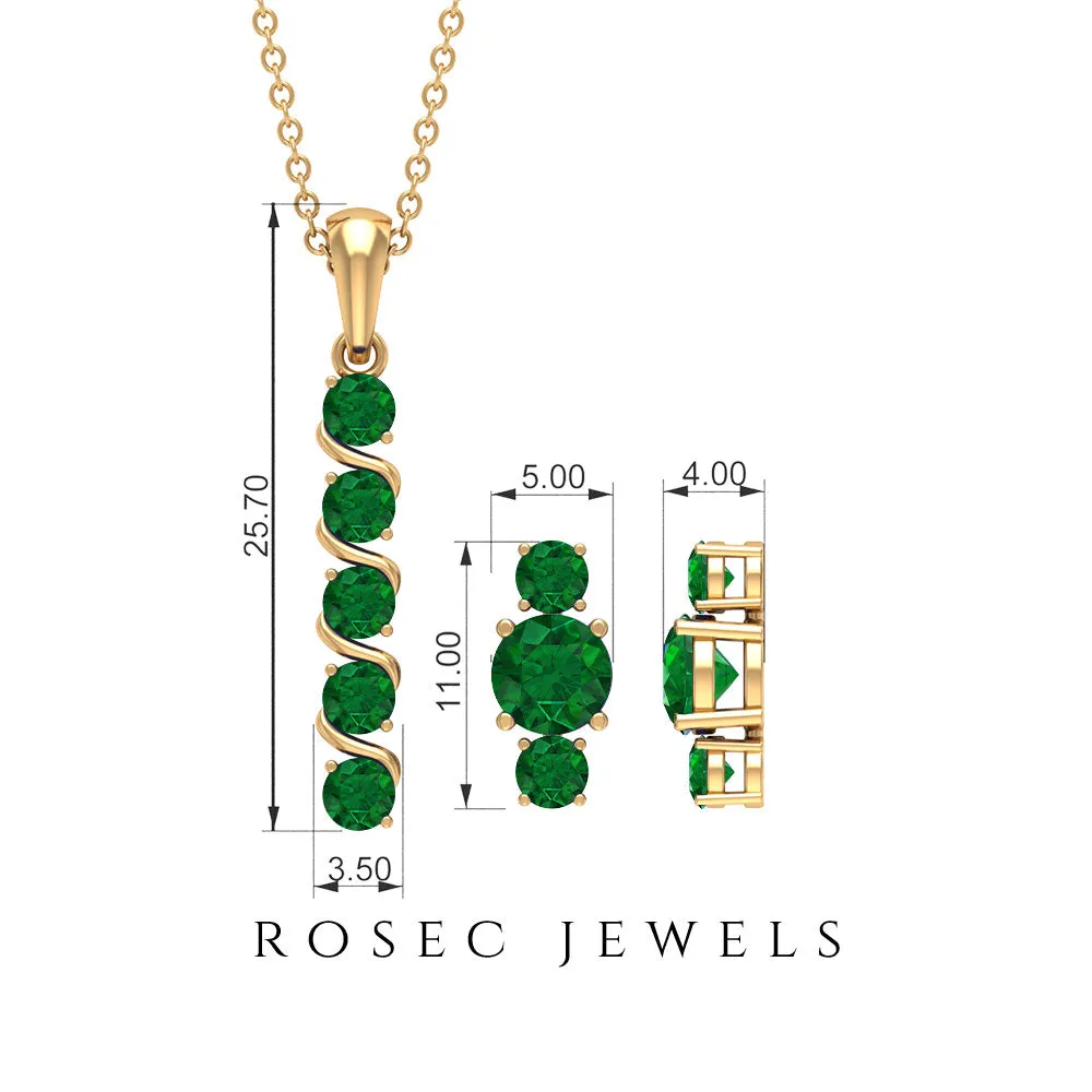 Natural Emerald Bar Pendant Necklace and Stud Earring Set
