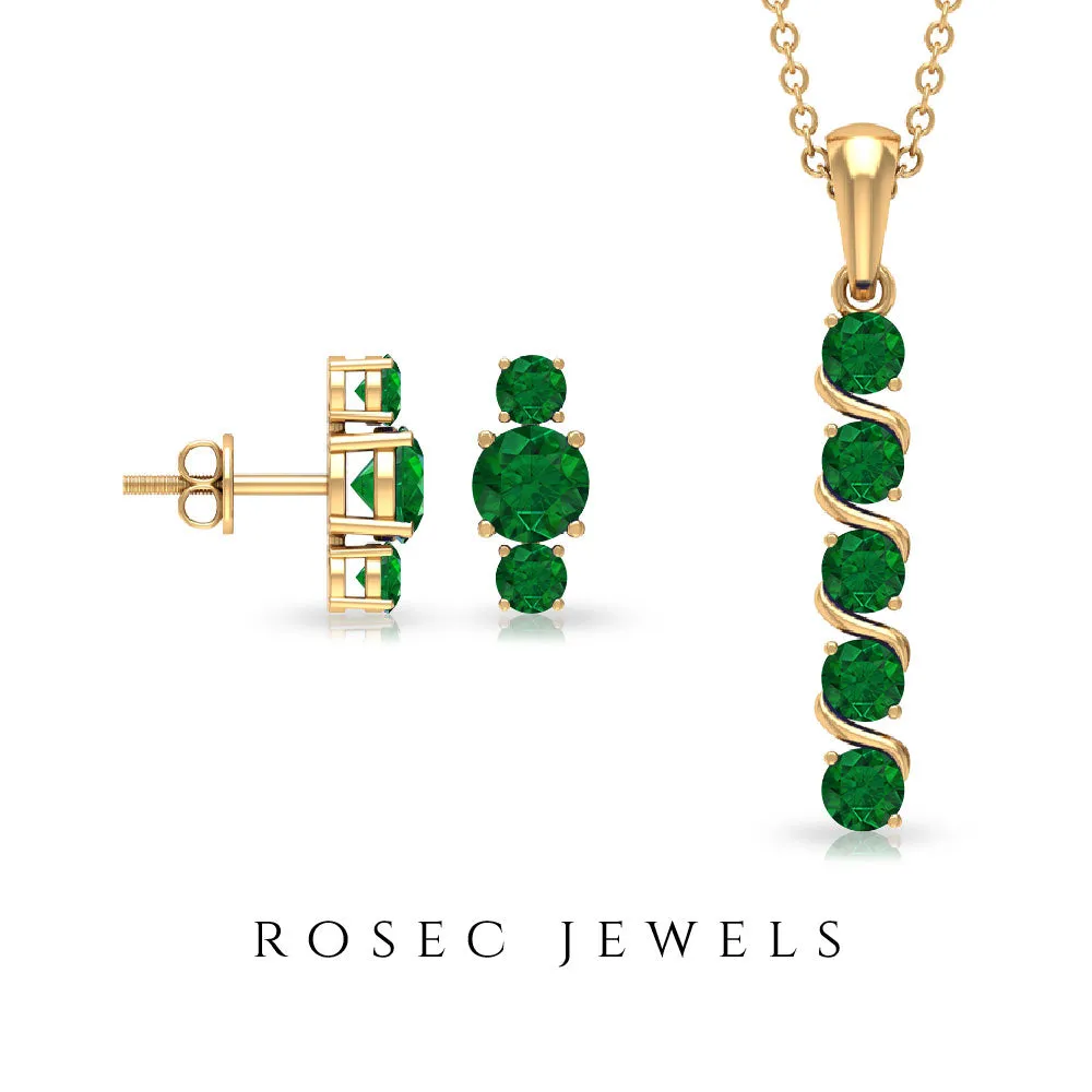 Natural Emerald Bar Pendant Necklace and Stud Earring Set