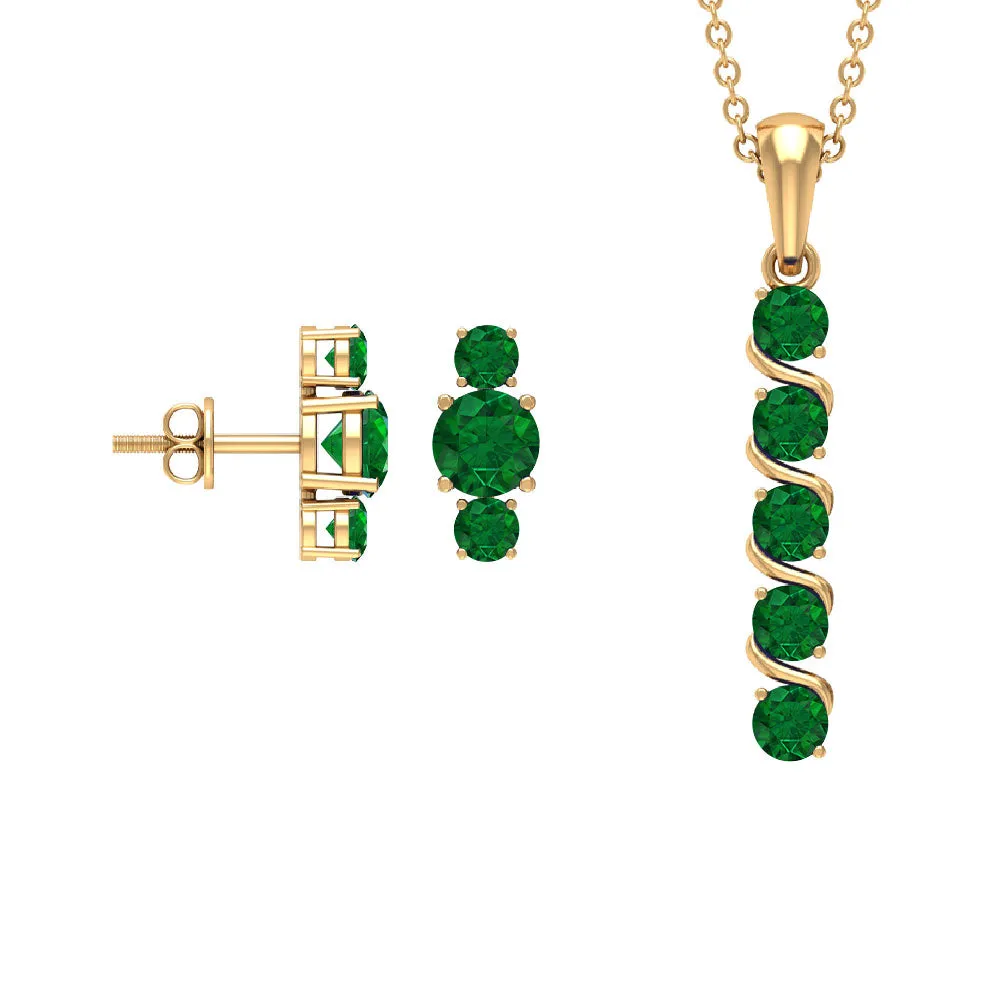 Natural Emerald Bar Pendant Necklace and Stud Earring Set