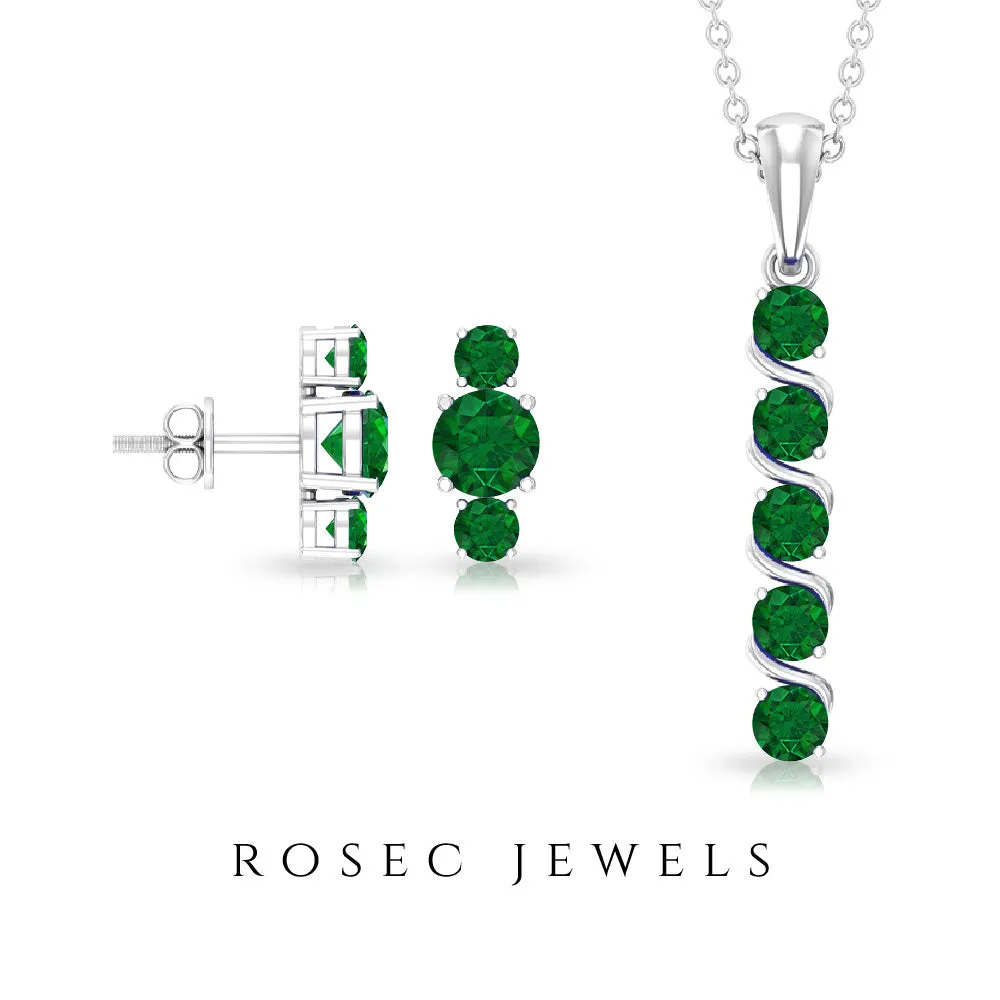 Natural Emerald Bar Pendant Necklace and Stud Earring Set