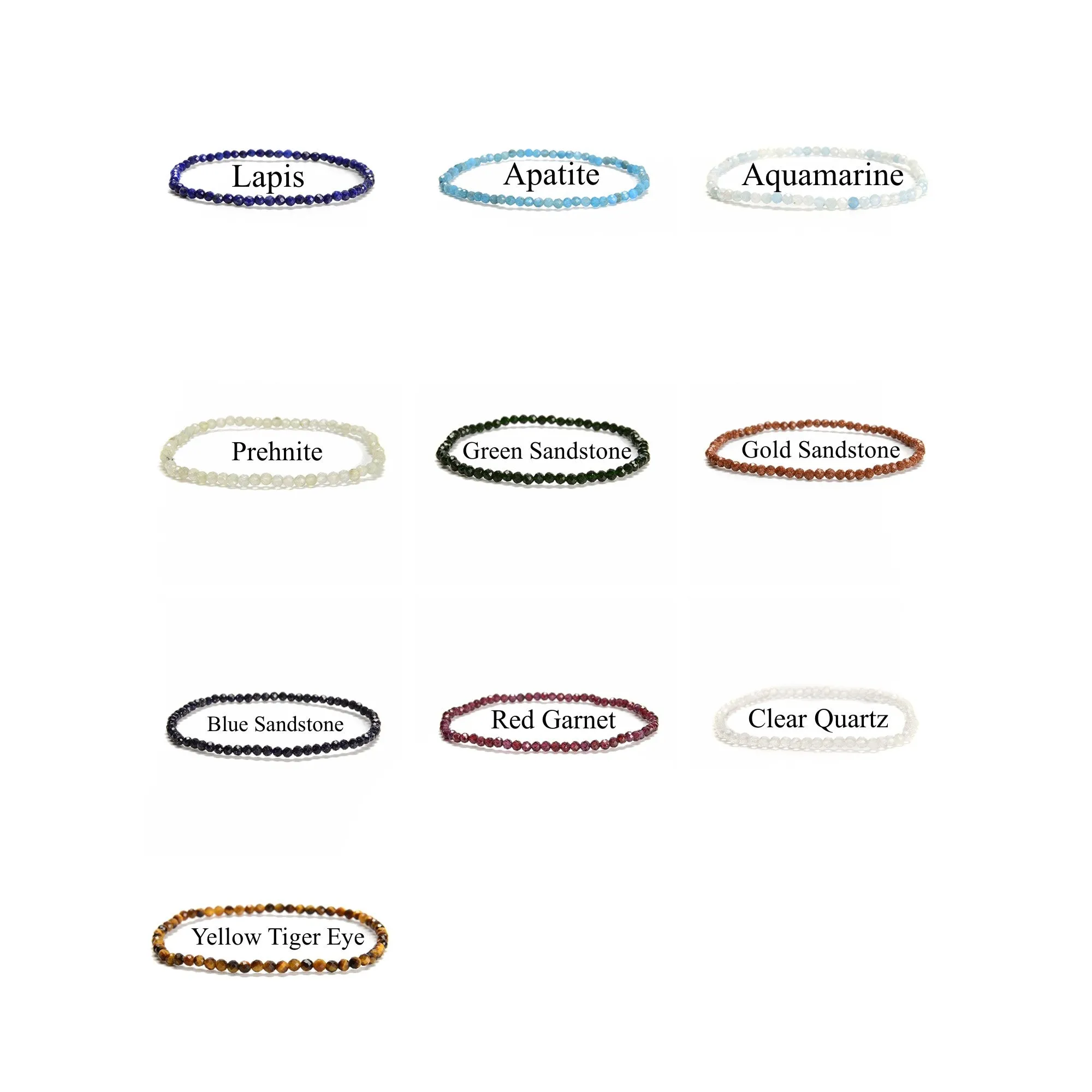 Natural Gemstone Faceted Round Beaded Elastic Bracelet 2mm 3mm 4mm 7.5'' Length