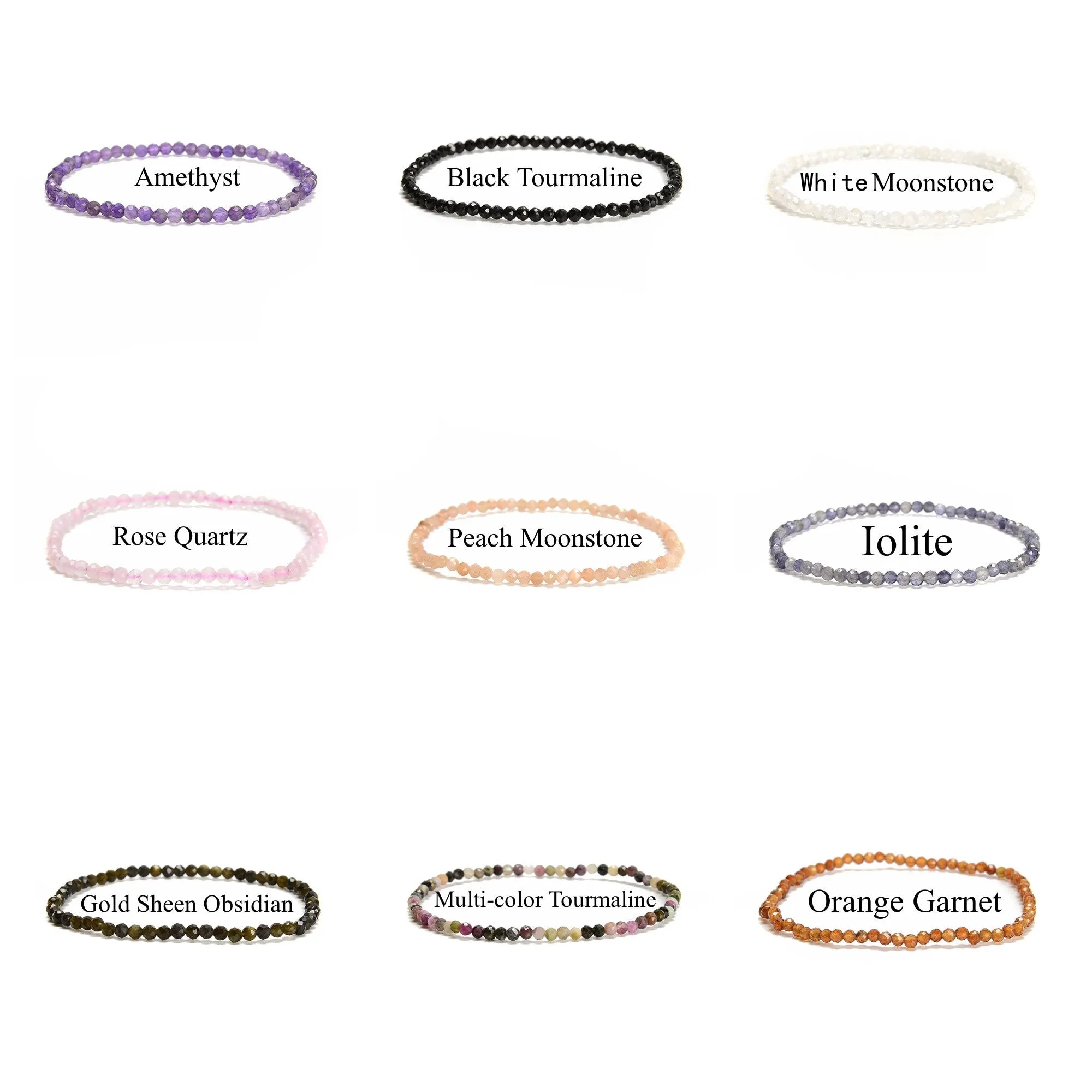 Natural Gemstone Faceted Round Beaded Elastic Bracelet 2mm 3mm 4mm 7.5'' Length