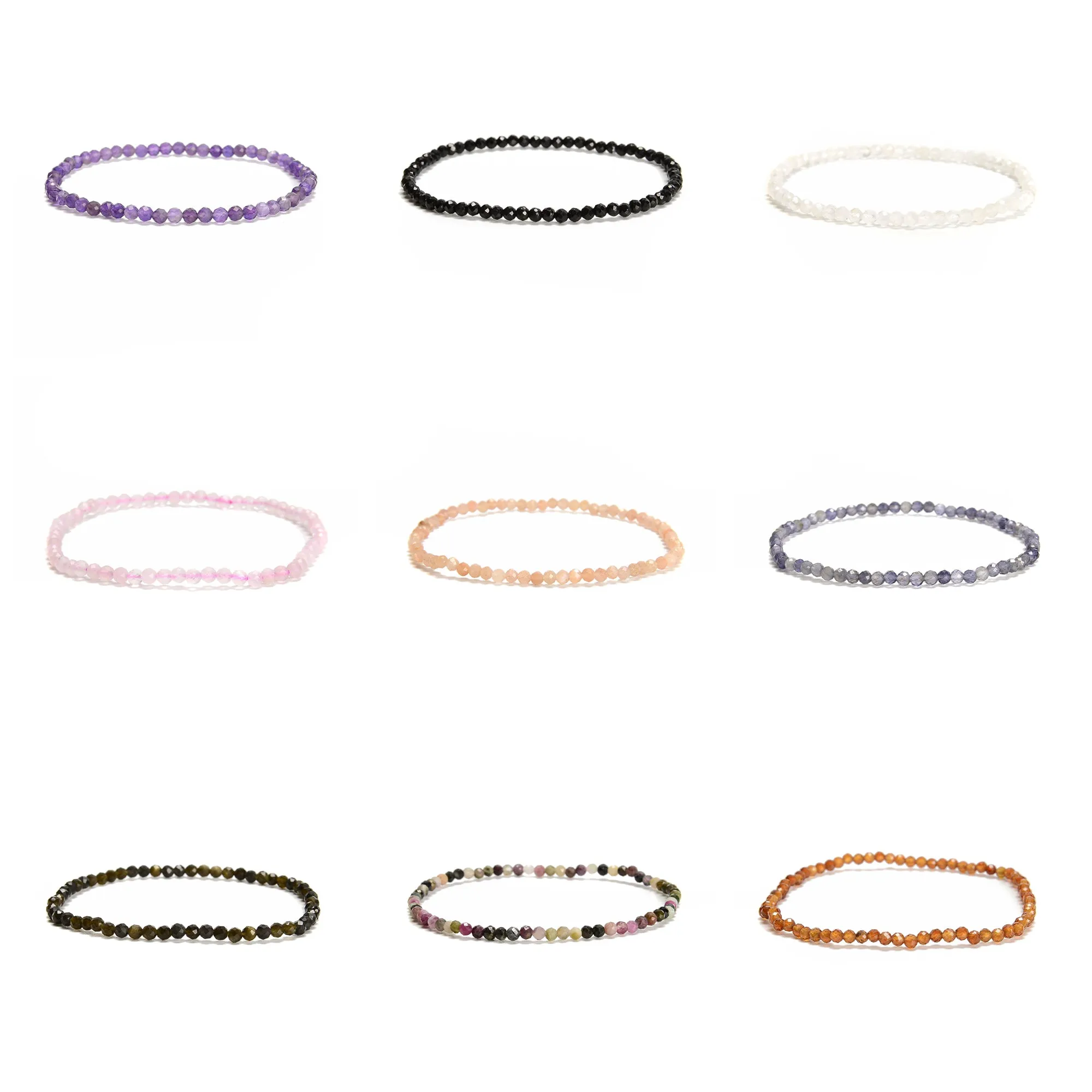 Natural Gemstone Faceted Round Beaded Elastic Bracelet 2mm 3mm 4mm 7.5'' Length